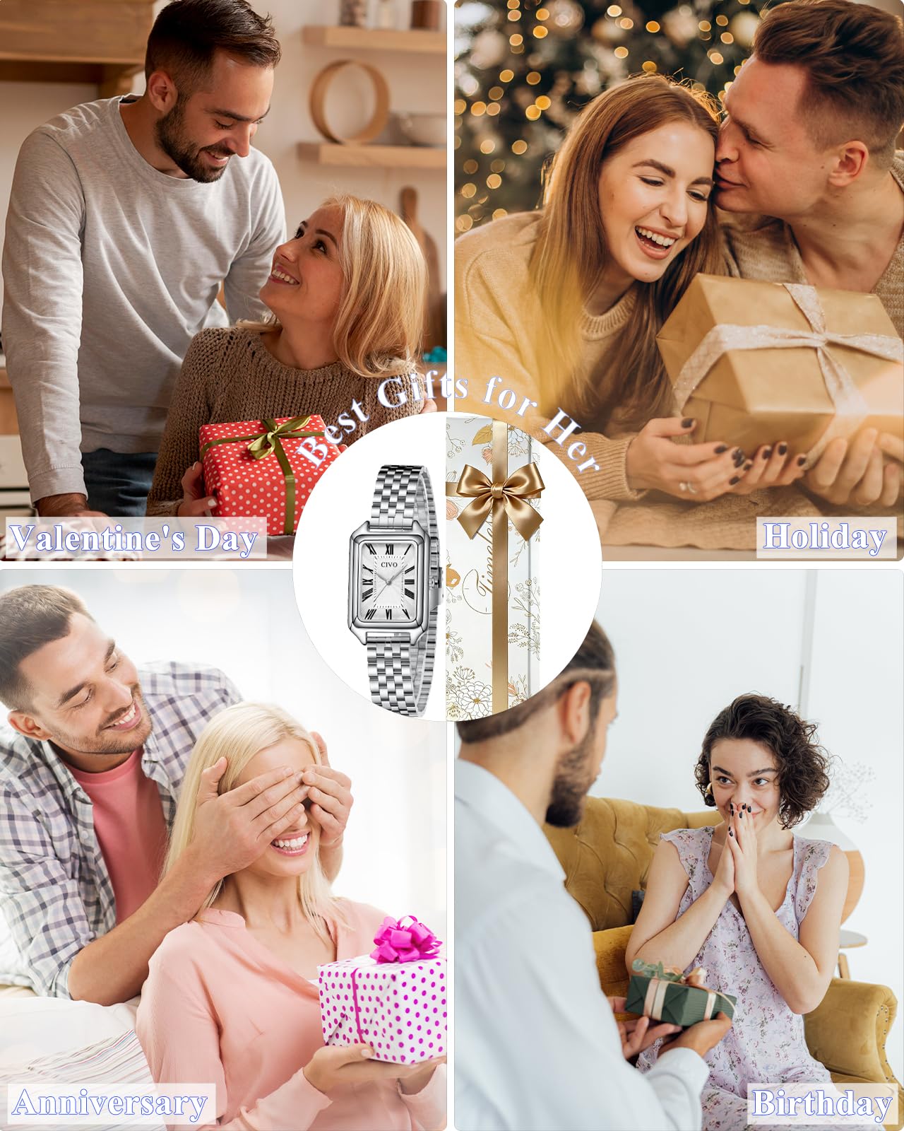 CIVO Reloj Mujer Vintage Rectangular: Esfera Números Romanos con Acero Inoxidable Dorado Plateado - Relojes de Pulsera Analogico de Cuarzo para Mujeres Regalo Aniversario