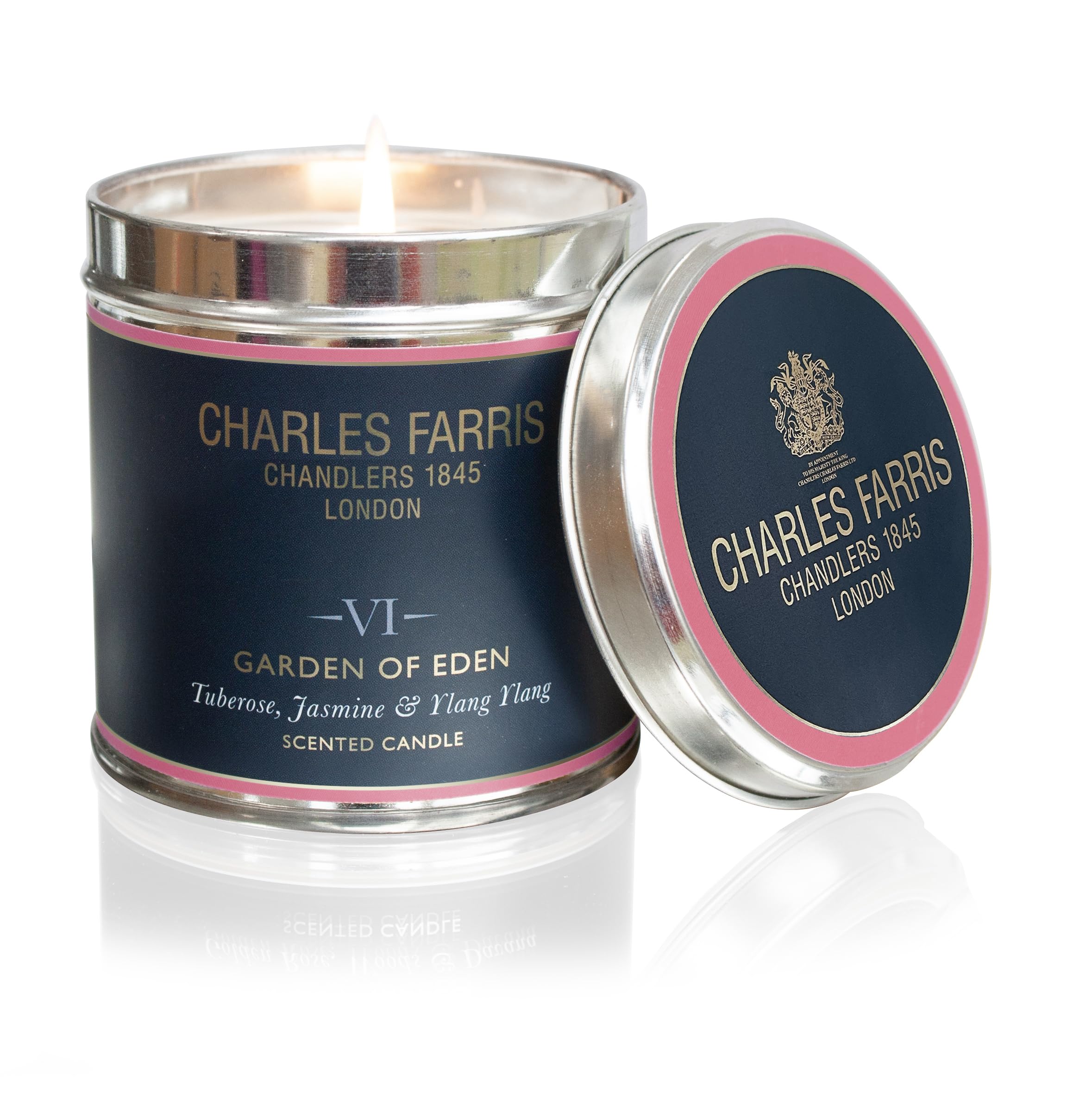 Charles Farris Luxury Scented Candle – Tin, Hand-Poured, Long Lasting, Clean Burning, 300g / 10.5oz, Burns for up to 40 Hours, Made in England – Tuberose, Jasmine & Ylang Ylang – Garden of Eden