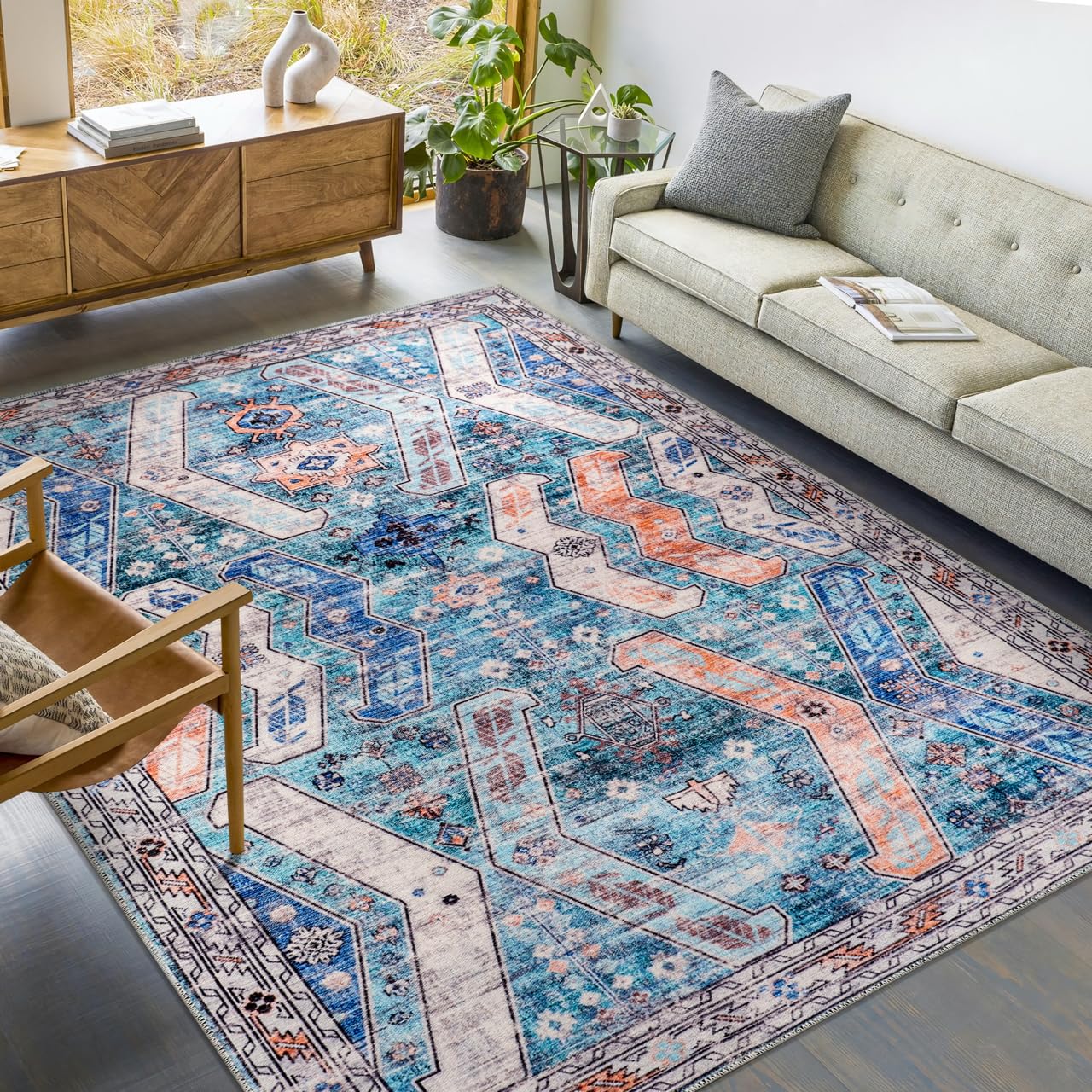 Tapis lavable en machine Kelim Boho Blue Multi 200x290 cm