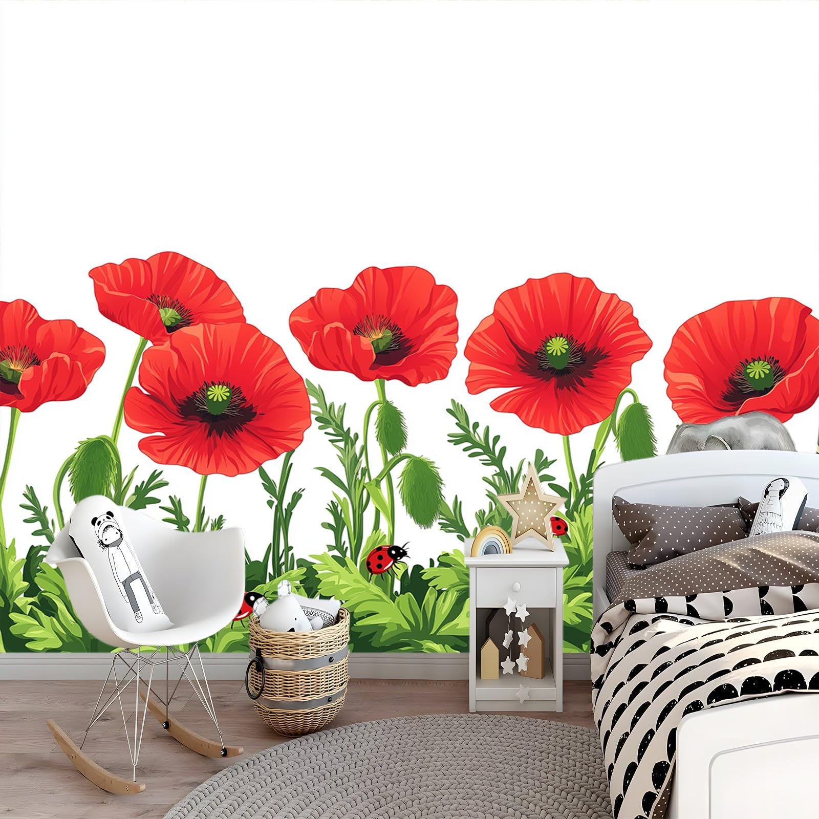 Panoramiczne kwiaty maki owady czerwony zielony 200 x 140 cm (szer. x wys.), nowoczesna tapeta z włókniny do sypialni salonu biura spersonalizowana dekoracja ścienna restauracja pokój dziecięcy