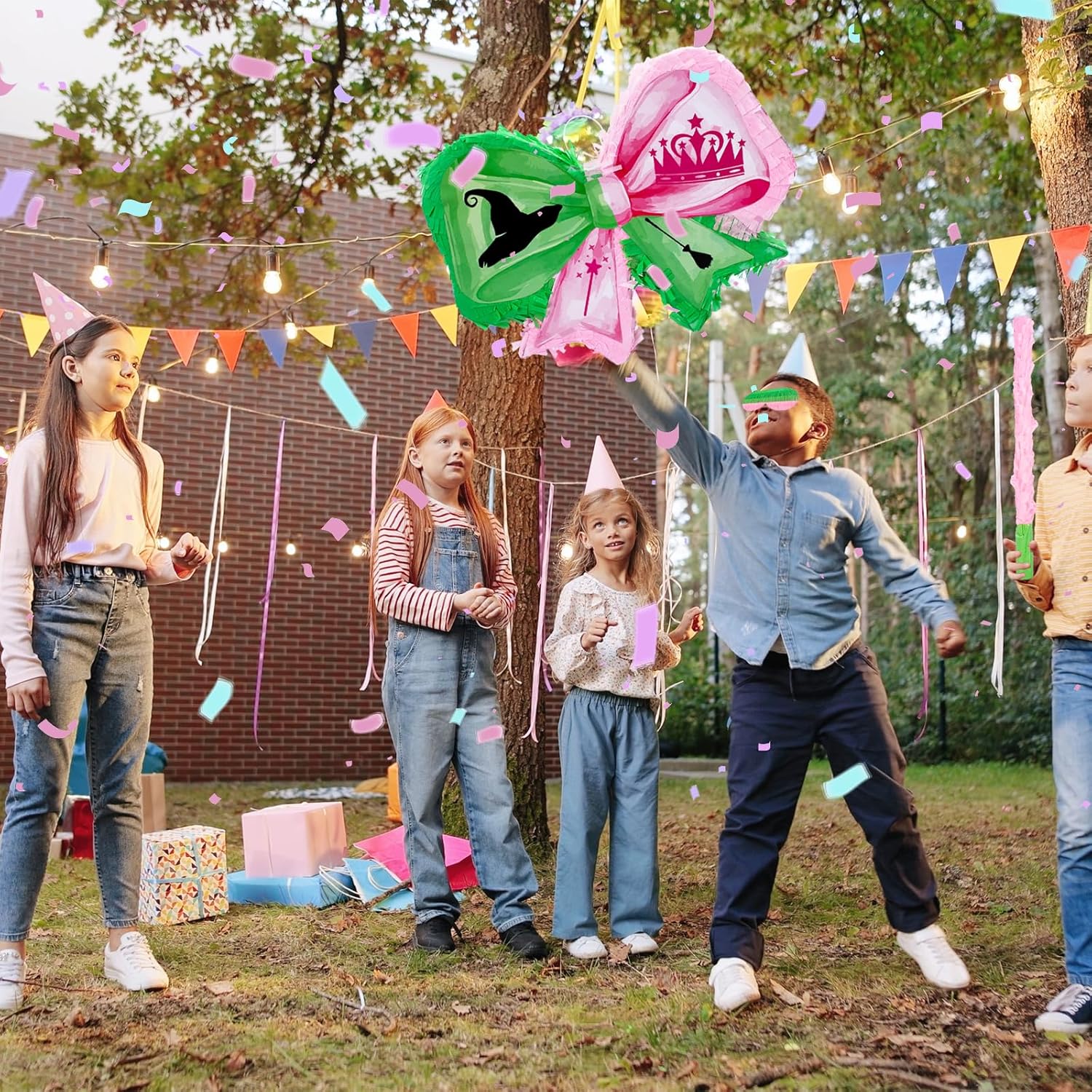 Witch Party Favors Pink and Green Game Set, Witch Pinata with Stick and Blindfold Witch and Princess Crafts Pink and Green Party Decor for Birthday Baby Shower Game Supplies