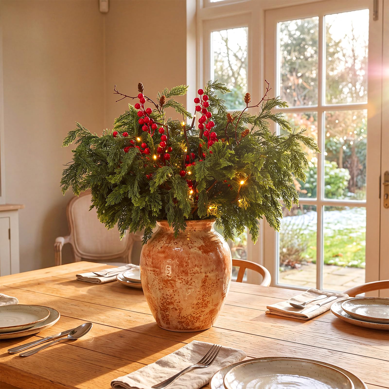 Moucuny Lot de 10 branches de cèdre de Noël artificielles de 55,9 cm, 2 baies rouges, 2 pommes de pin avec 2 branches lumineuses LED pour loisirs créatifs