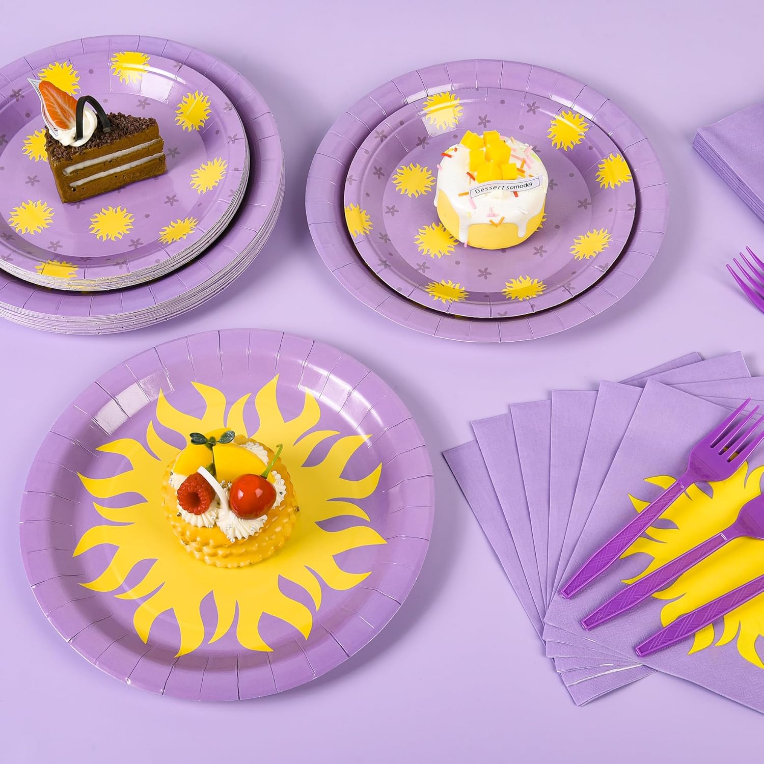 Velorian 96 Pcs Purple Sun Birthday Party Supplies Disposable Tableware Set Serve 24 Guests Include Purple Paper Plates and Napkins Plastic Forks for Baby Shower Wedding Princess Party Decorations - Image 3