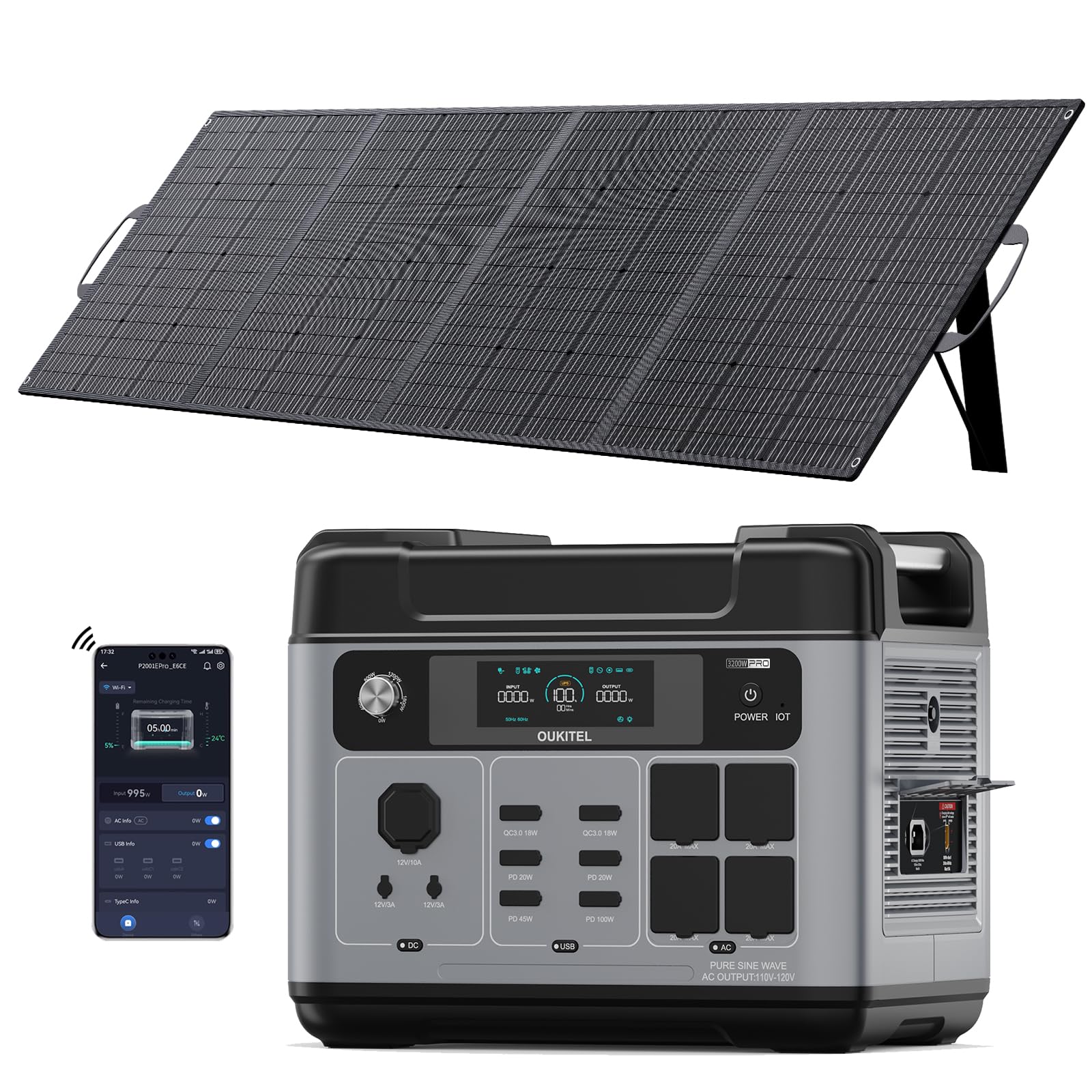 OUKITEL P2001 Pro 3200W (7200W Peak) Tragbare Powerstation Mit 200-W-Solarpanel, 2048Wh Solargenerator mit LiFePO4 Akku, 0–80% in 45 Min.Laden, 1000W MPPT,APP, USV, Portable Power Station
