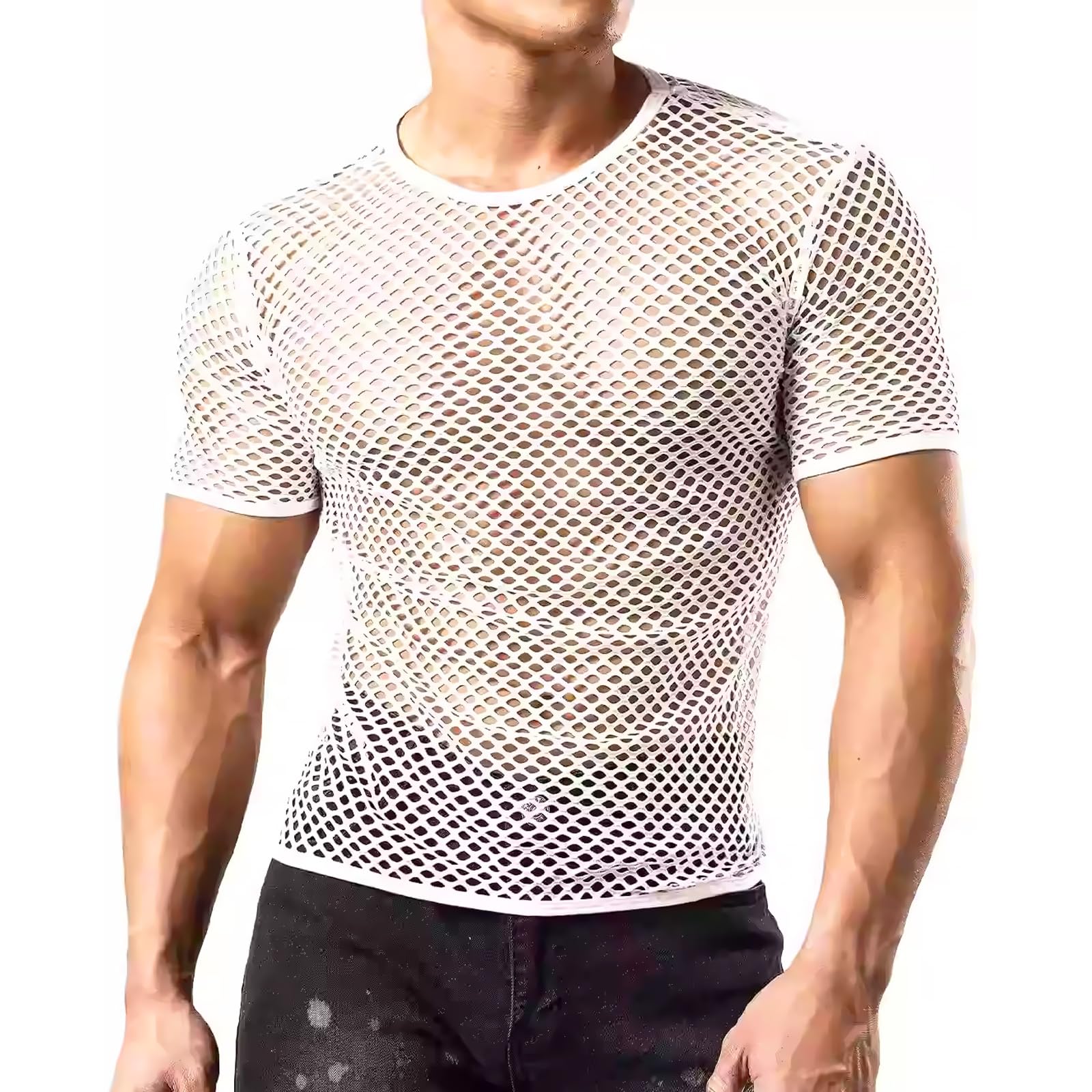 Hombre Camiseta de Malla Interior Sexy Hueca Ejercicio (Blanco)