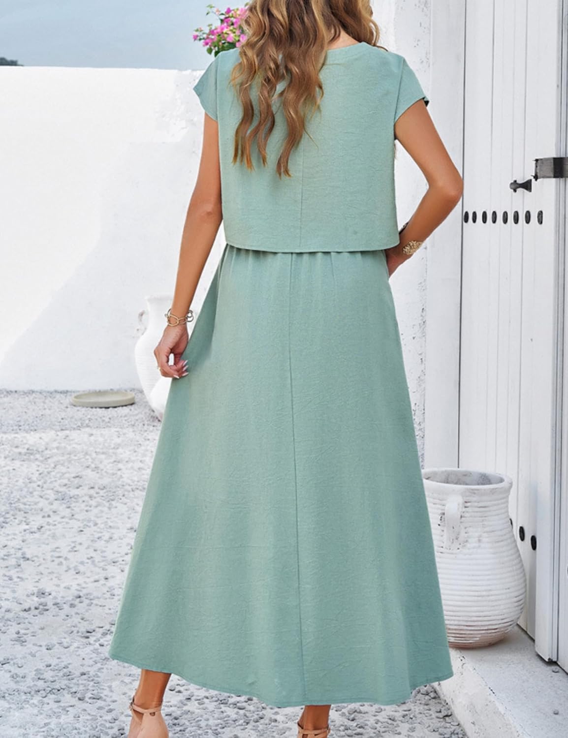 Mingzhu Womens 2 Piece Outfits Skirt Set Summer Casual Cap Sleeve Crop Tops Maxi Dress Sets with Pockets - Image 5