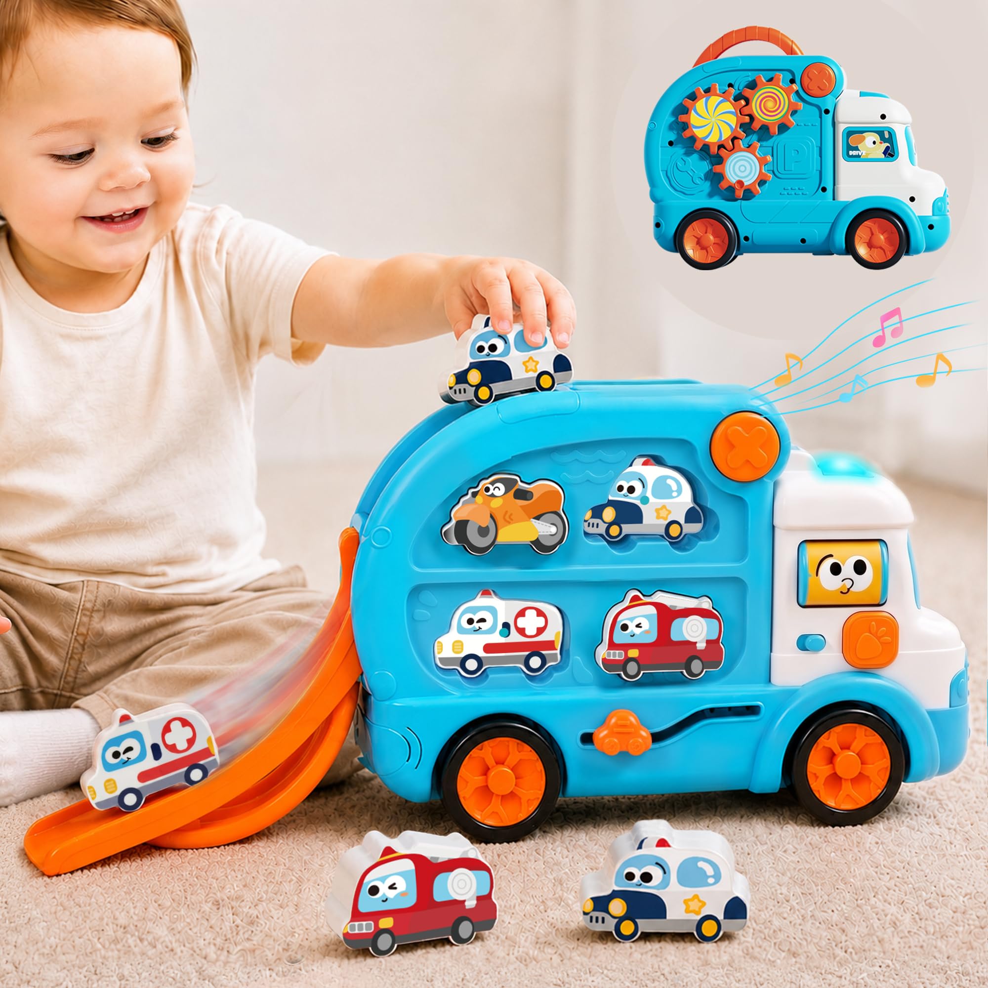 iPlay, iLearn Toddler Musical Bus Toy W/Car Slide &amp; 3D Matching Puzzle