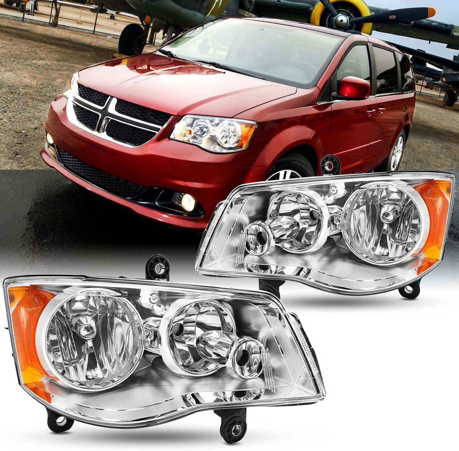 Pair Headlights Assembly Set For 2008-2016 Chrysler Town & Country Touring LX Minivan/Suv/Sedan For Dodge 2011-2020 Grand Caravan AVP/SE Replacment Headlamps Chrome Housing Amber Clear Lens(LH&RH)