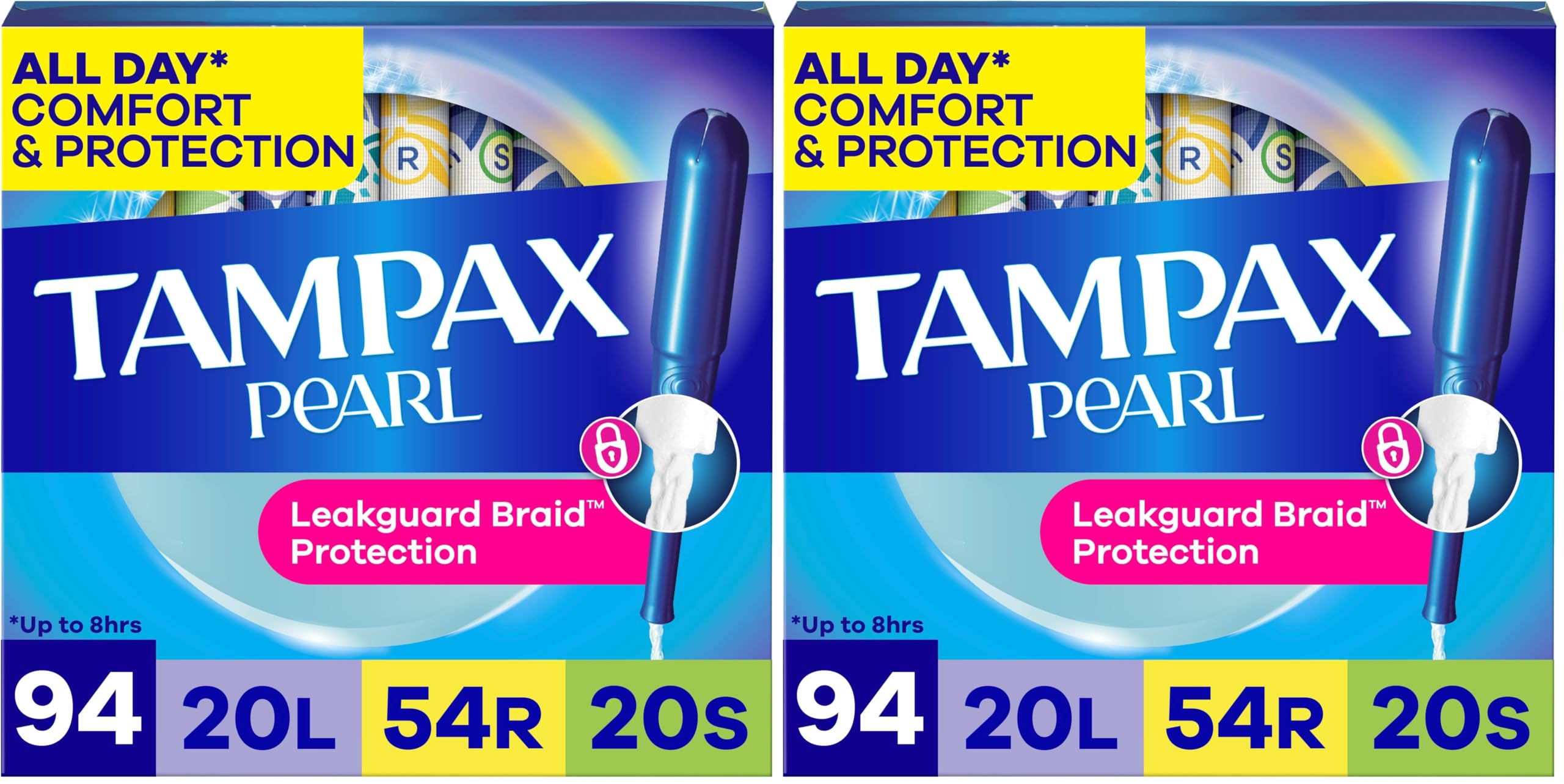 Tampax Pearl Tampons Multipack, Light/Regular/Super Absorbency, with Leakguard Braid, Unscented, 94 Count (Pack of 2)