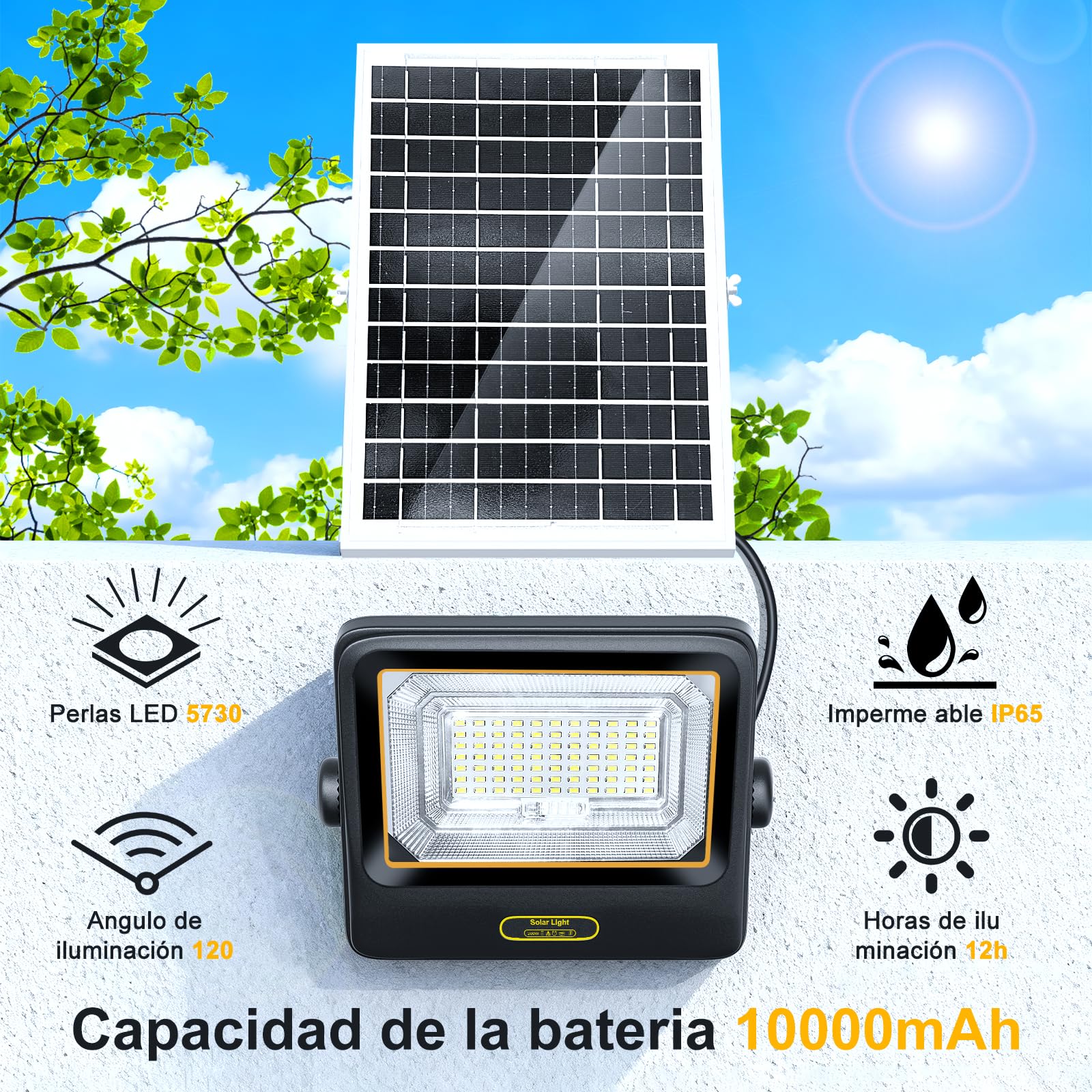 200W Faretto Led da Esterno Solare con Telecomando, 6500K Faro Led Esterno con Pannello solare,10000 mAh,IP67 Impermeabile,Luce Solare Led Esterno per Giardino Garage Parco