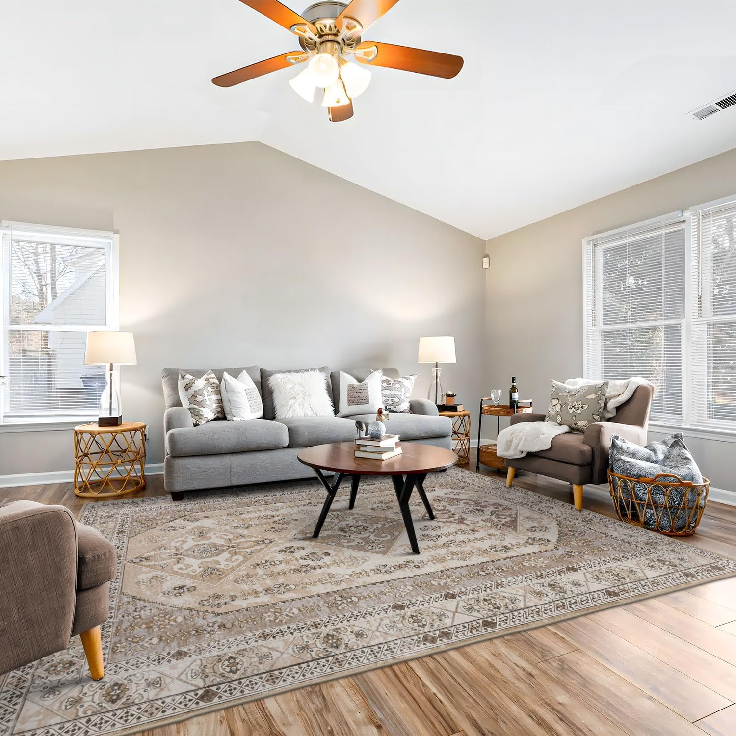 Rineflo-9'x12' Area Rugs,Machine Washable Rug for Living Room Dinner Room Bedroom,Bohemian Style Soft Non Slip Rug Carpet,Oriental Vintage Low Pile Large Area Rug(Brown, 9'x12')