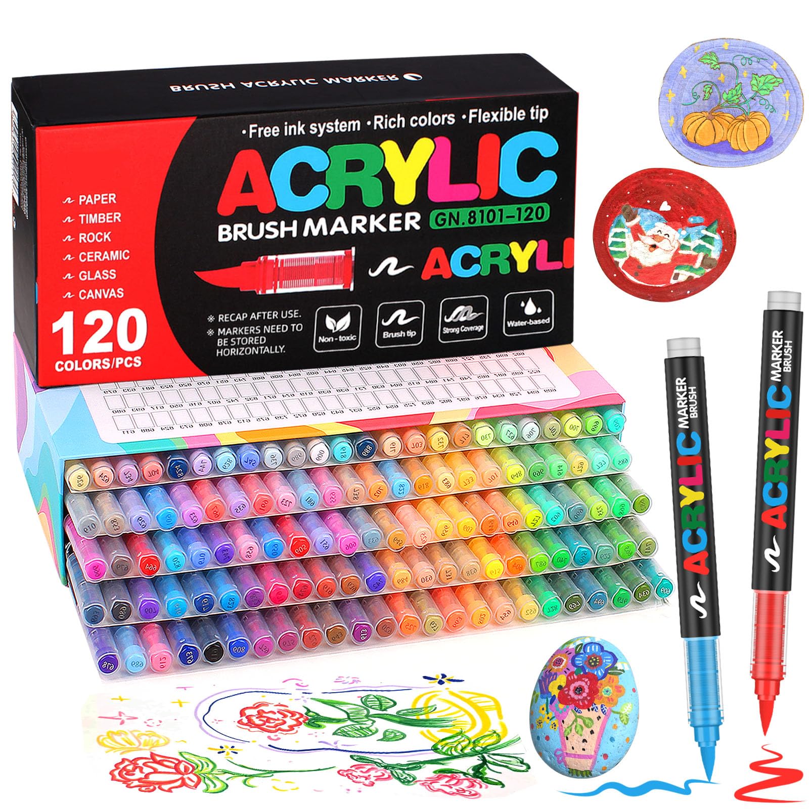 Marcadores Acrílicos 120 Colores – Rotuladores de Pintura Acrílica con Punta Brush 1-5 mm de Tinta, Secado Rápido e Impermeables – Estuche Organizador para Roca, Madera, Vidrio, Tela, Lienzo y Más