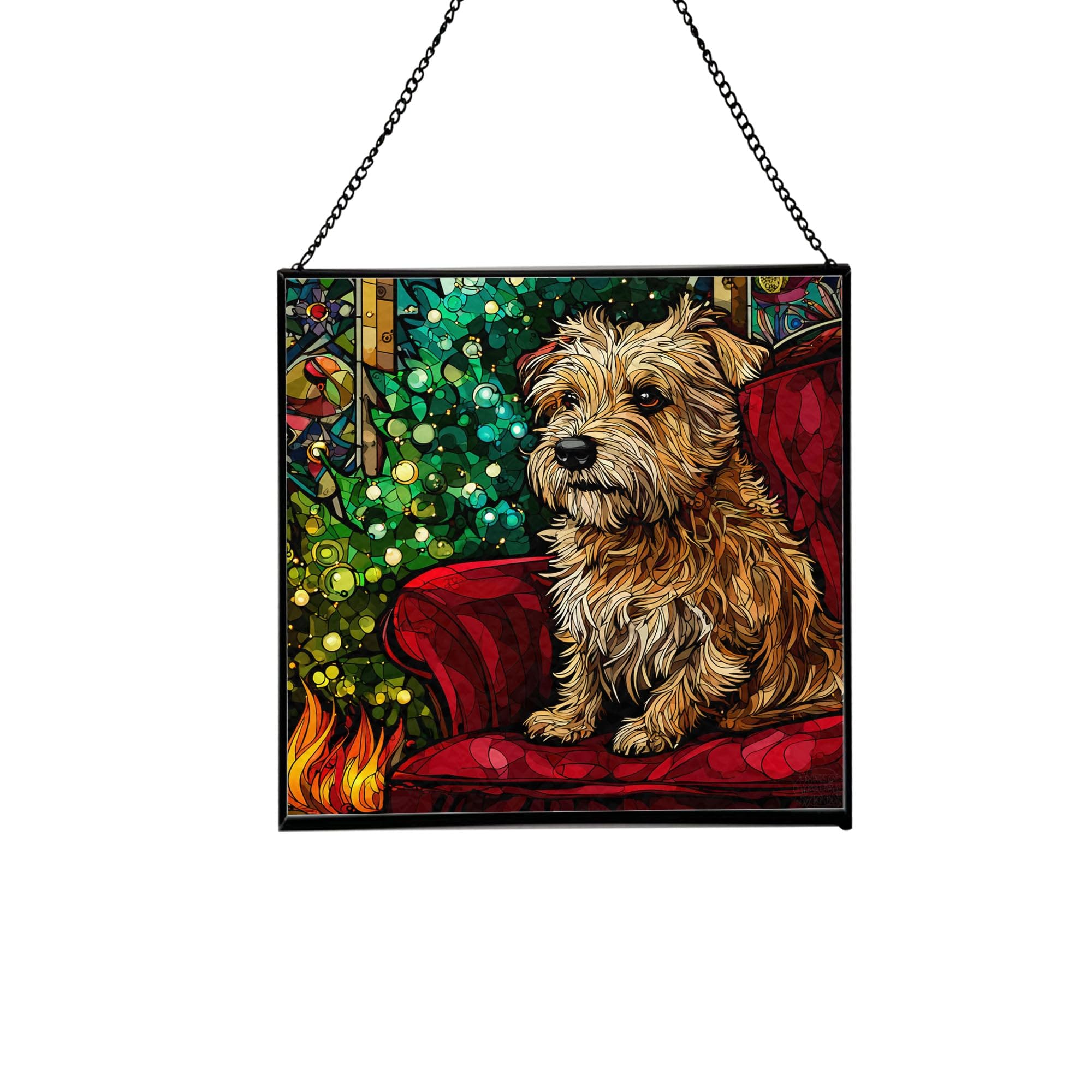Norfolk Terrier Christmas Stained Glass Suncatcher – Square Hanging Holiday Window Panel with Cozy Fireplace Scene – Winter Glass Art Decoration Gift for Animal Lovers, Pet Owners nHJHyo