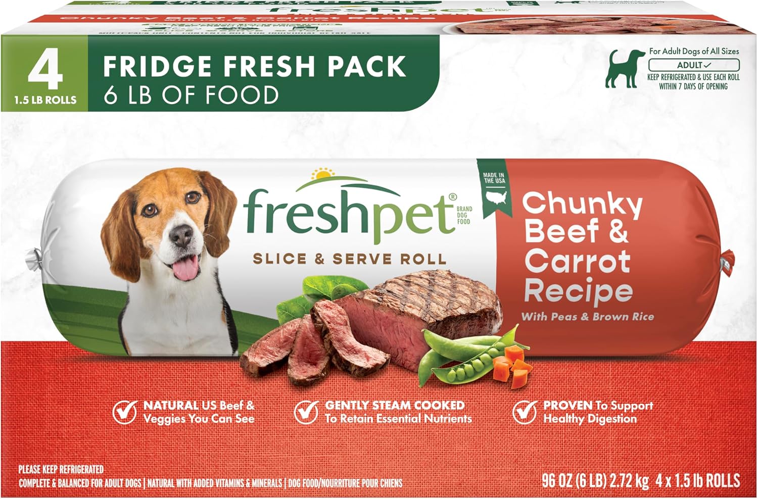 Freshpet Fresh Dog Food, Slice & Serve Roll, Chunky Beef & Carrot Recipe, Value Pack 4 x 1.5 lb. Rolls