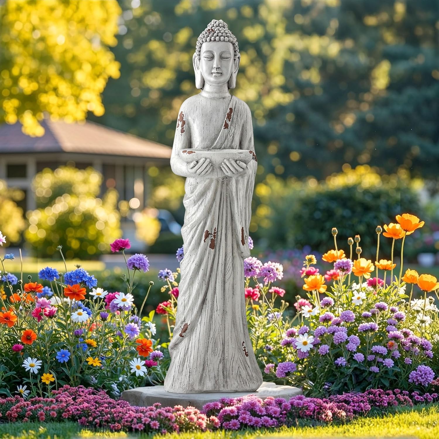 42" Extra-Large Buddha Outdoor Statue with Birdfeeder, Tall Zen Medtative Buddha Figures, Durable Weatherproof MGO Sculpture for Garden, Patio, Yard, Porch or Indoor Home Decor