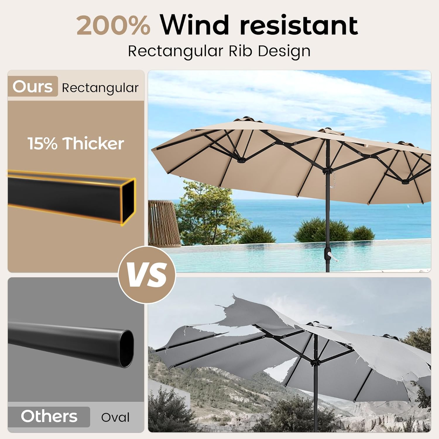 15ft Patio Umbrella with Base,Large Outdoor Double-Sided Rectangle Umbrella with Crank Handle, Market Umbrella for Poolside Garden Deck Backyard Beach Pools, Beige