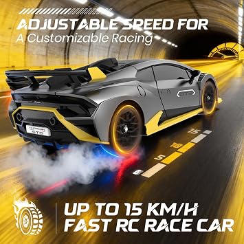 Lamborghini Remote Control Car, 1:18 Scale Officially Licensed Lambo Huracan STO Model Toy Car, 10mph High Speed 4WD RC Drift Car with LED Light, Birthday Gift for Kids and Adults (Grey)