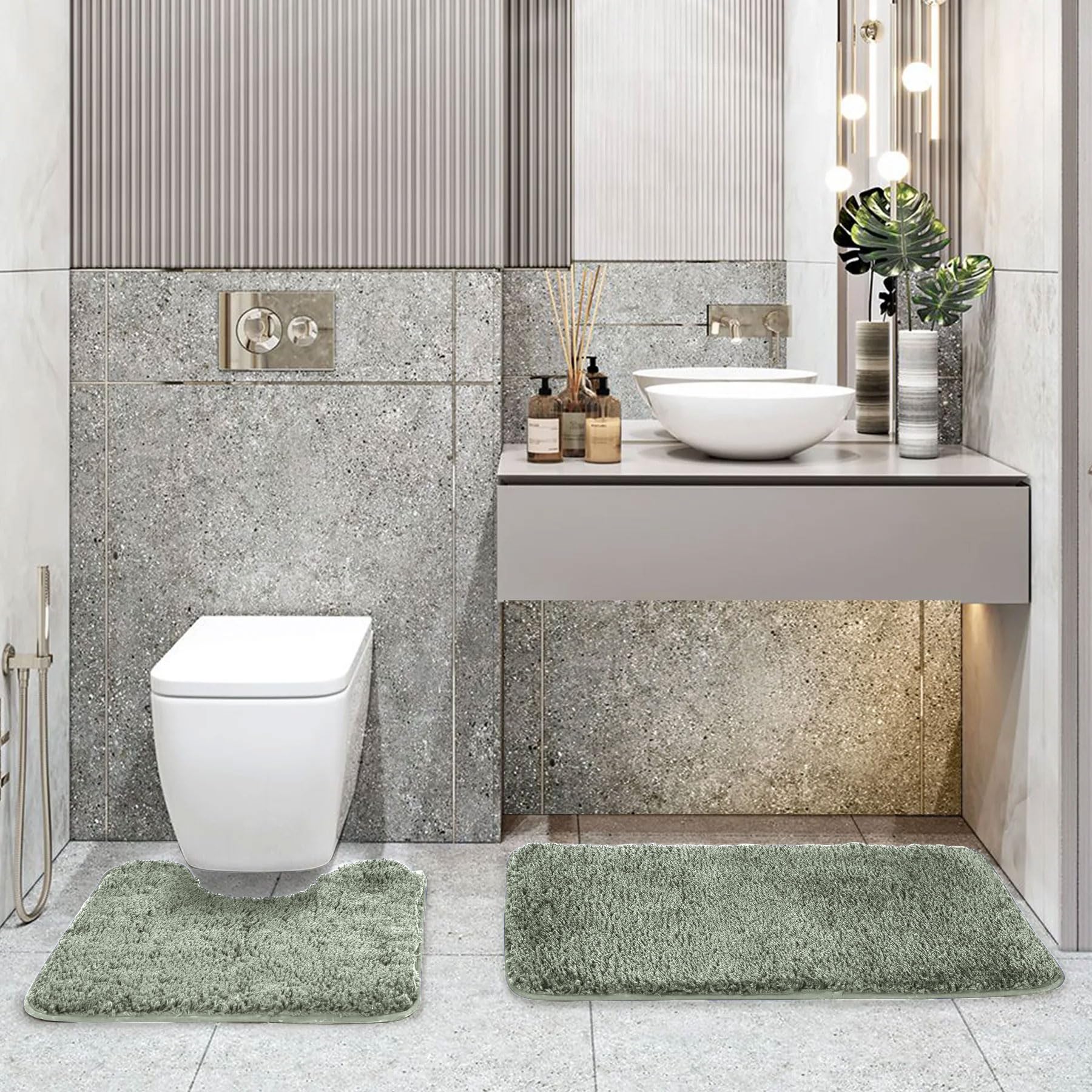 LUXE HOME INTERNATIONAL Polyester Contour Bath Mat – Washable, Anti Skid, Water Absorbent Contour Mats for Bathroom, Toilet, Wash Basin & Bathroom Contour Mat Set (Pastel Green, 45x 75 cm & 40x45)