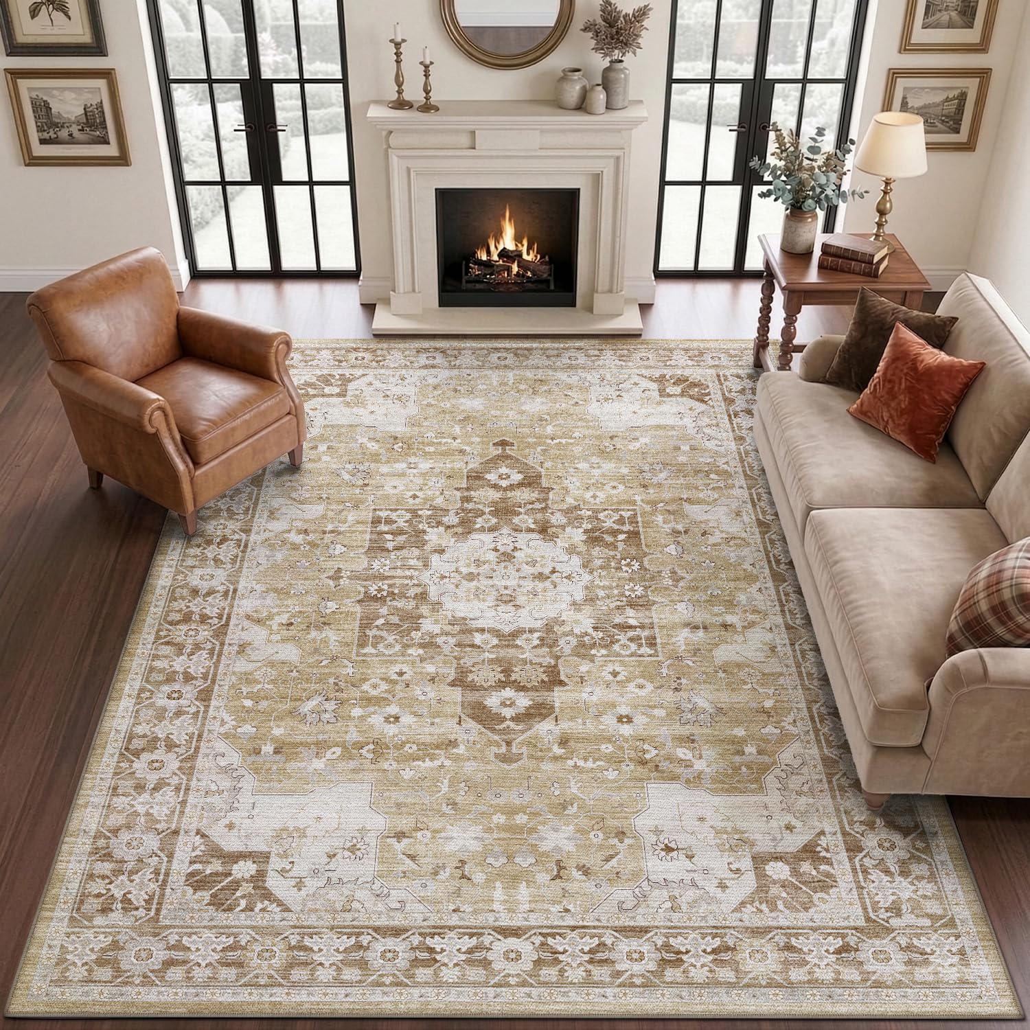 DEXI Area Rugs for Living Room 183 x 274 cm, Non-slip Washable Carpet, Super Soft and Thin Pile Floor Mat Rug for Bedroom, Dining, Khaki — image 1