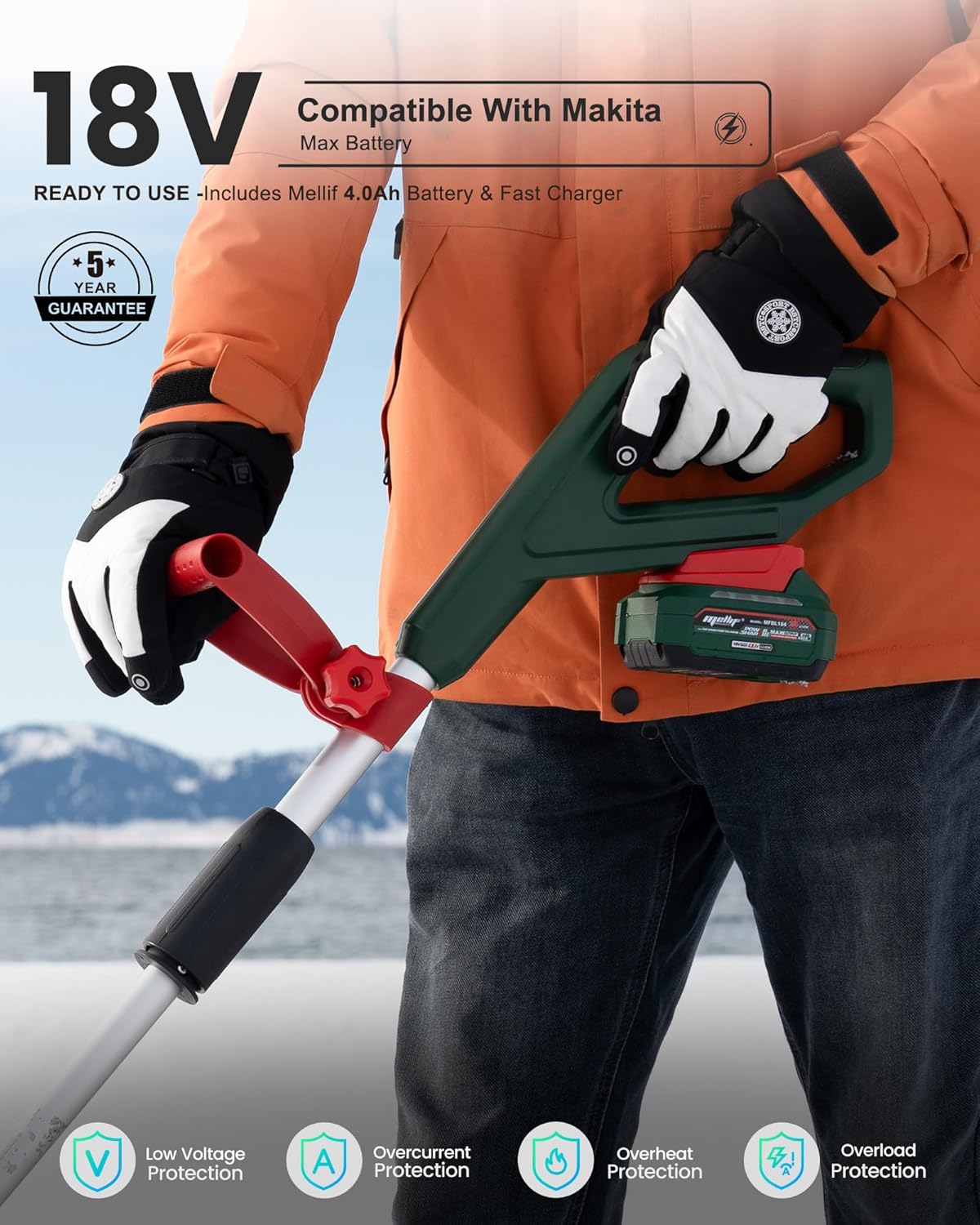 Person holding the Mellif Cordless Snow Shovel handle with battery attached