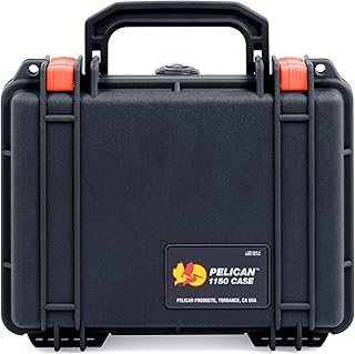 Pelican Protector 1150 Case by ColorCase - Black - Small Size Waterproof Case with Pick & Pluck Foam & Convoluted Lid Foam - Orange Latches