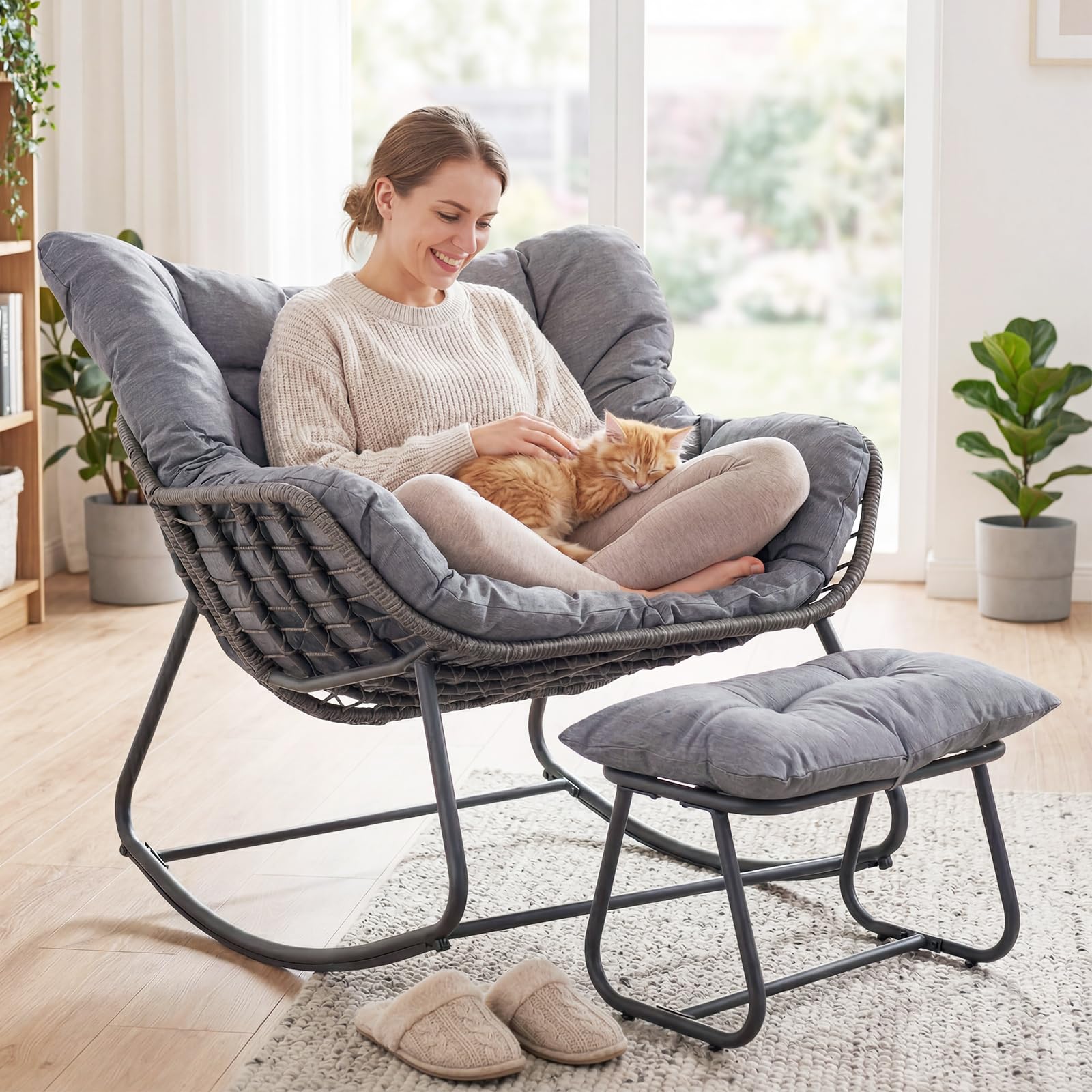 COSTWAY Schaukelstuhl mit Hocker, übergroßer Schaukelsessel mit dickem & abnehmbarem Kissen, Relaxsessel bis 150 kg belastbar, für Balkon, Garten und Wohnzimmer (Grau)
