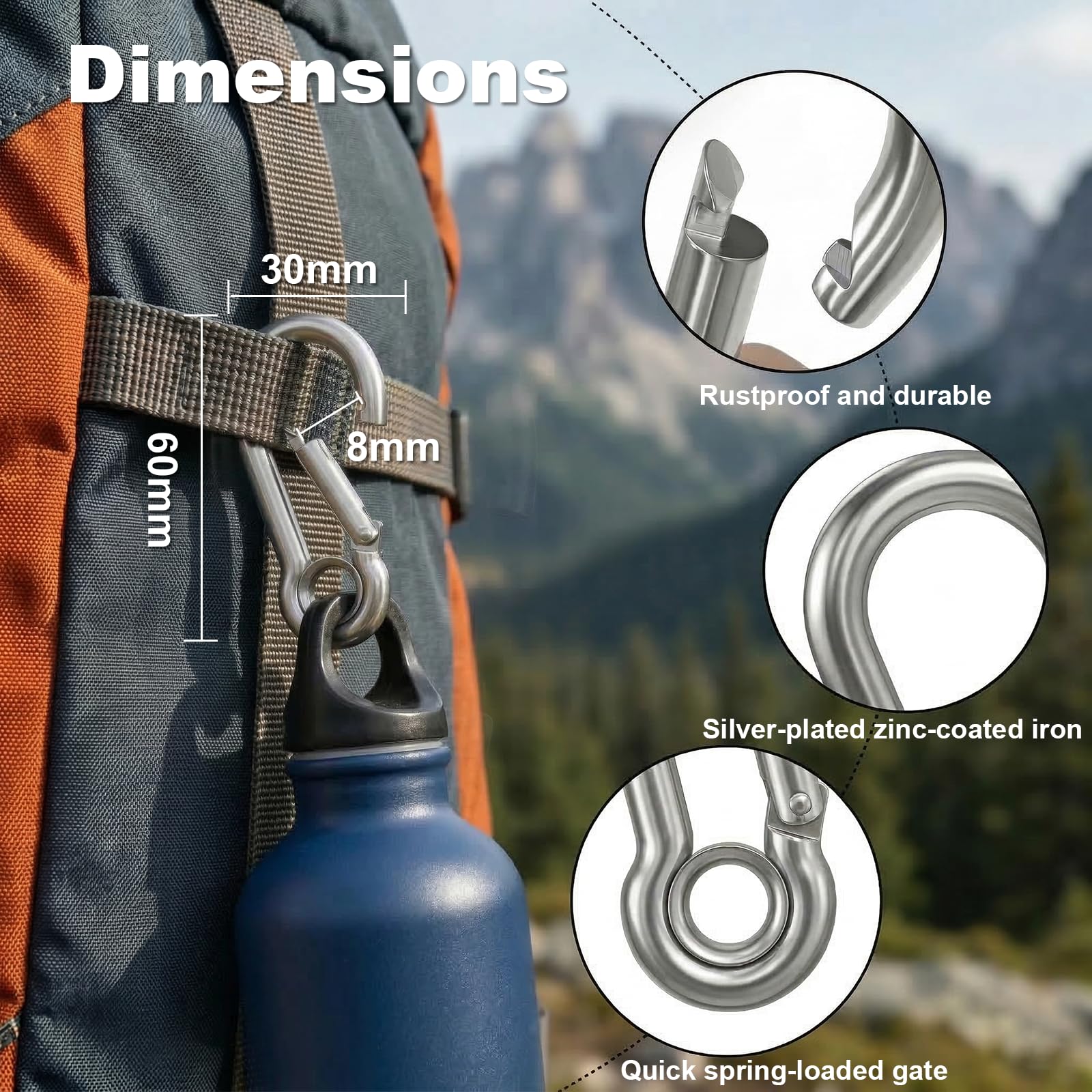 Carehabi 14 pièces Mousquetons en Acier Inoxydable 60 * 30mm Petit Mousqueton Mousqueton INOX pour Porte-clés Hamacs Camping Pêche Auvents - 3