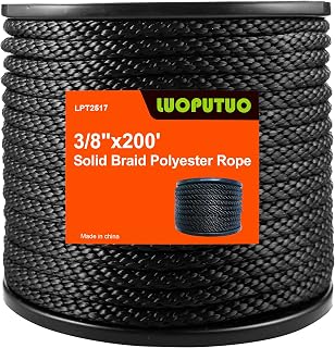 3/8 Inch × 200 FT Black Polyester Solid Braid Rope – UV & Abrasion Resistant, Low Stretch, Multipurpose for Flagpole Halyard, Clothesline, Camping, and Utility Tasks