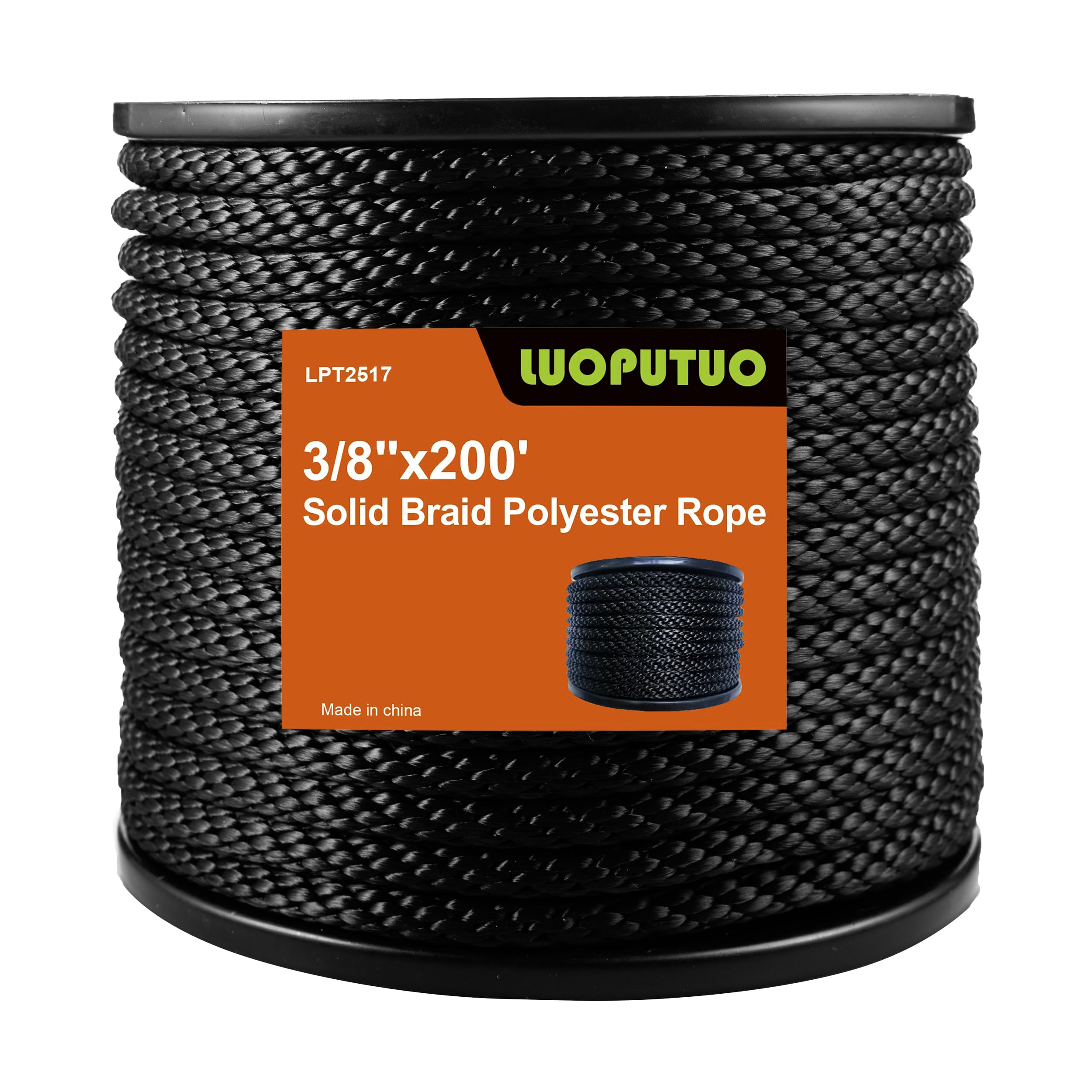 Corde tressée en polyester noir de 0,9 cm de qualité industrielle durable