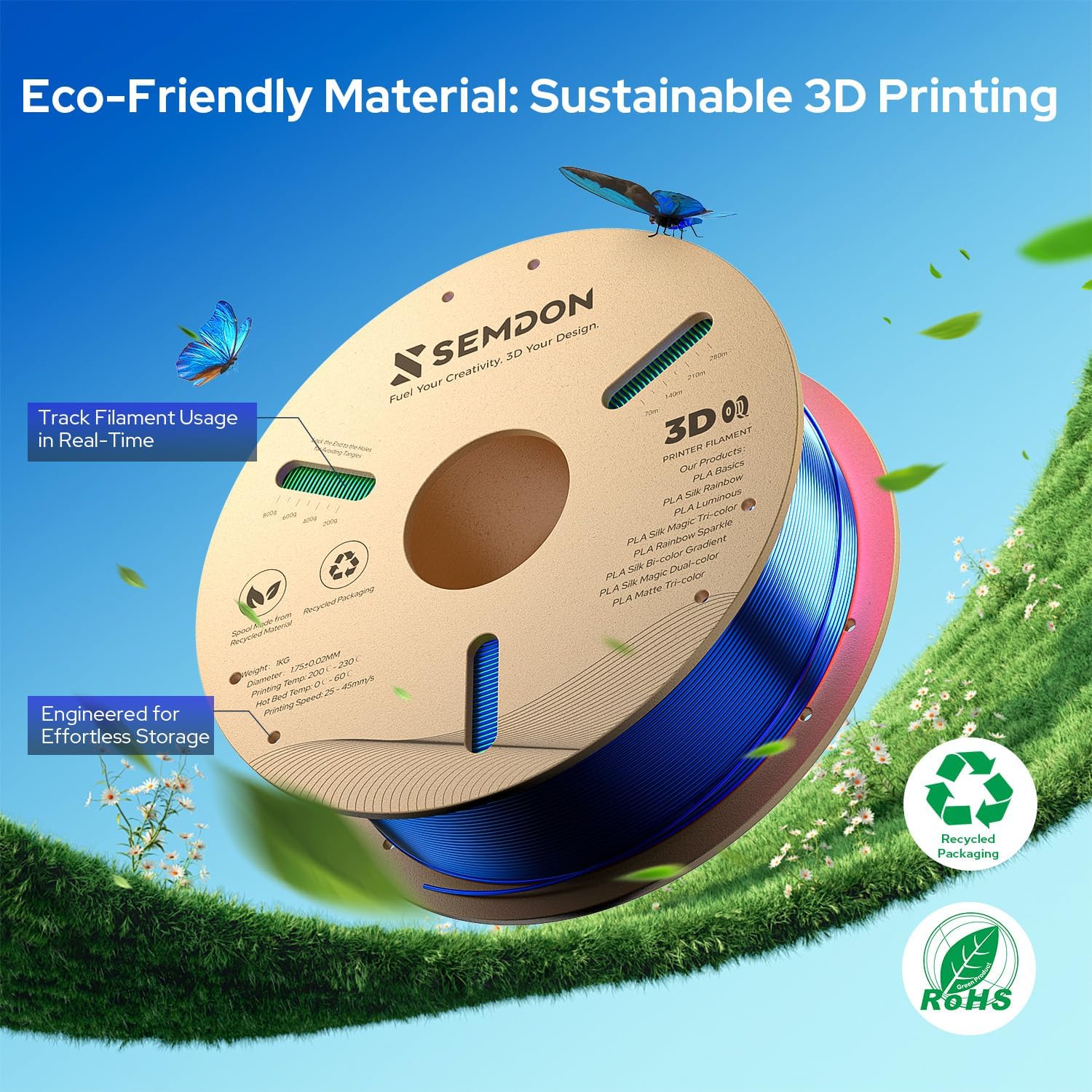 3D Printer Filament 1.75mm, Silk PLA Tri-Color Gradient Rainbow (Green/Red/Blue) 2kg Spool