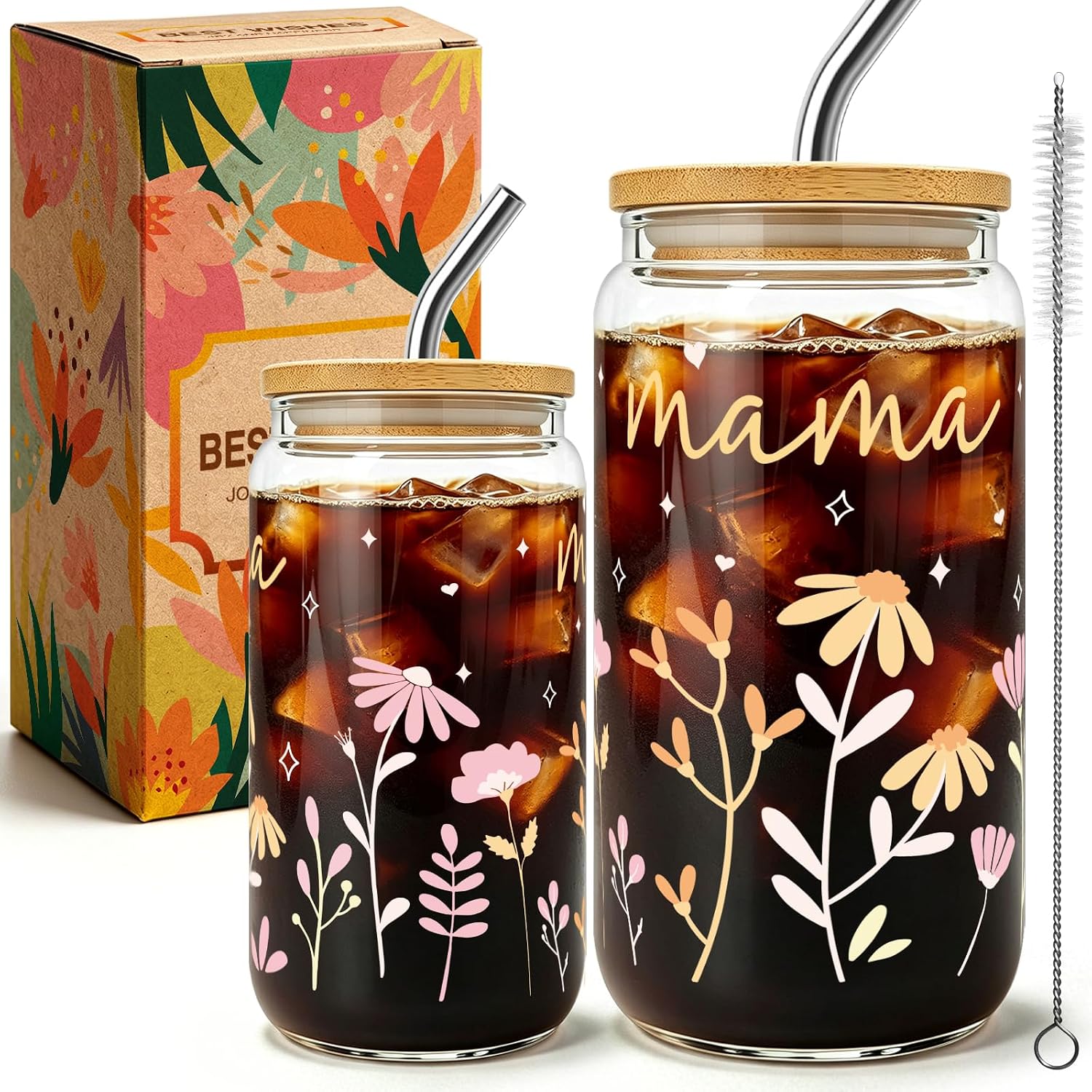 Mother's Day Glass Cup for Mama Gift, mama Glasses Cups, Christmas Day& Birthday gift ideas for mother-in- Law, New Moms, Mom to be, Glasses Cups with Straw gifts for mom, glass cup with flowers-3