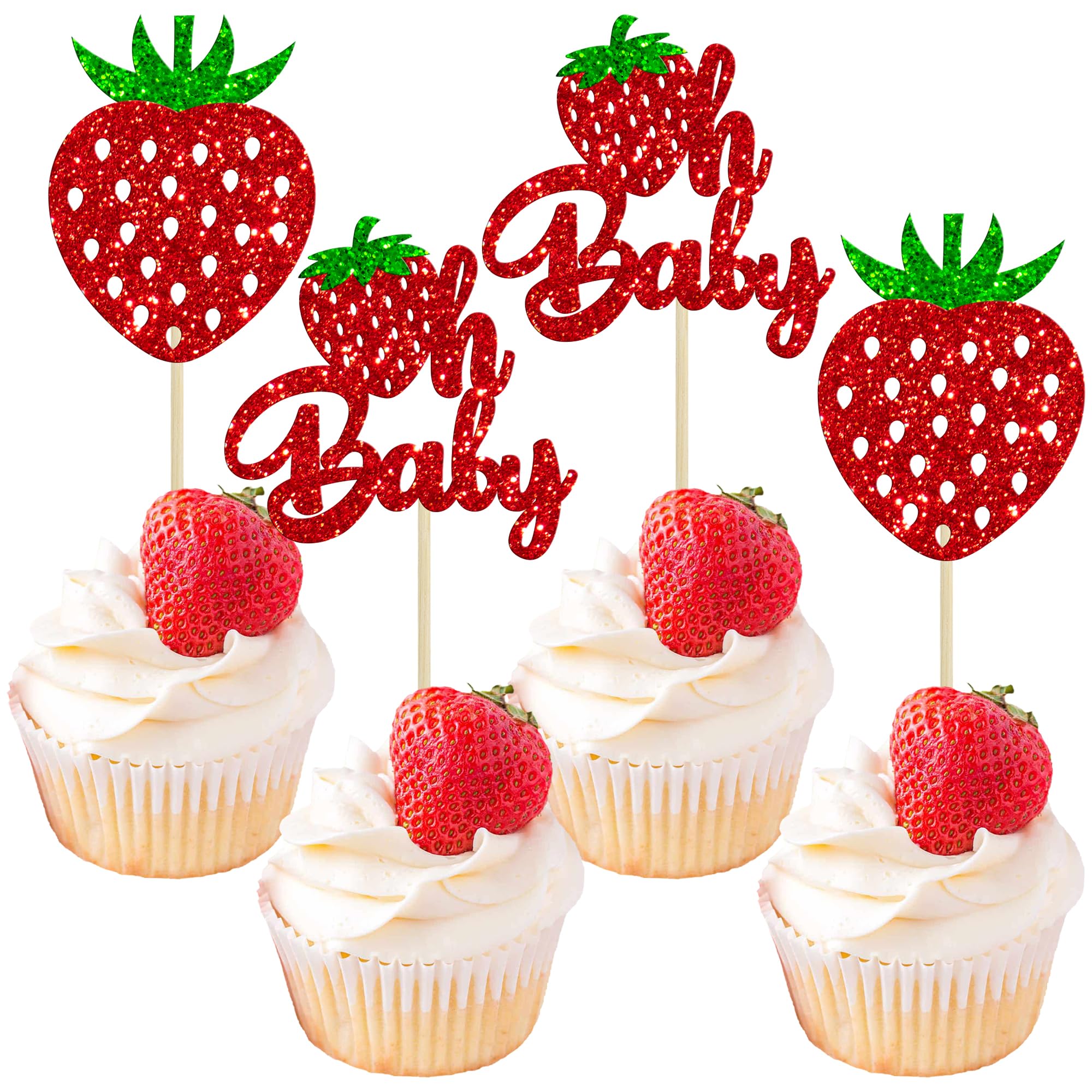 24 Stück Erdbeer Cupcake Topper „Oh Baby“ – Glitzernd, Für Baby Shower & Geburtstag