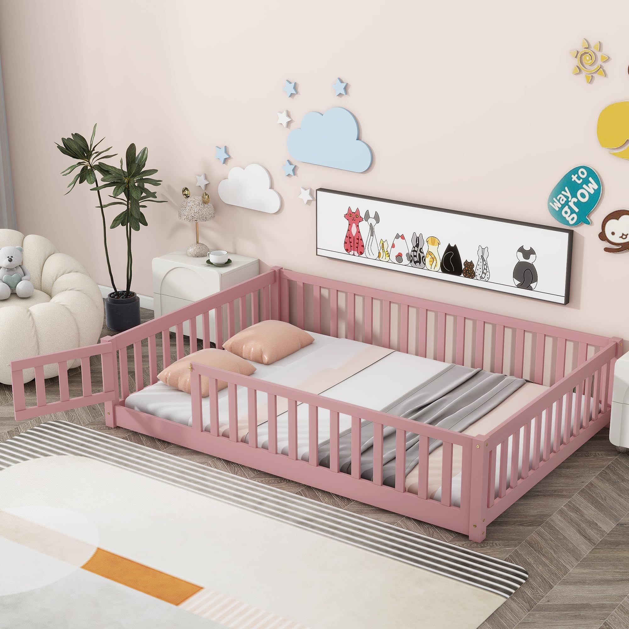 PVWIIK Full Size Montessori Floor Bed Frame with Convertible Door for Girls & Boys,Wood Montessori Bed w/Safety Guardrails & Wood Slats for Kids,Pink