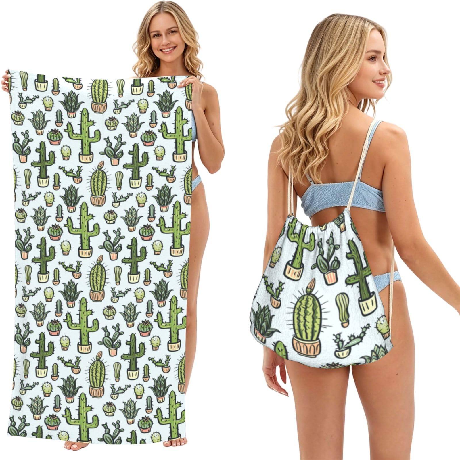 Poadnly As Picture Cactus In White Background Pattern, 2 In 1 Packable Towel Bag, Beach Towels With Drawstring Backpack For Travel Holiday Camping