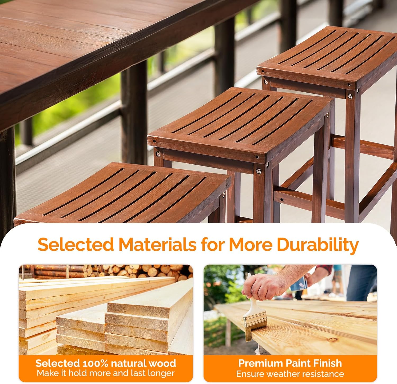 VINGLI Outdoor Bar Stools Set of 2, Solid Wood Bar Height Chairs Waterproof Patio Stools for Garden, Balcony, Kitchen, Backyard (Brown)