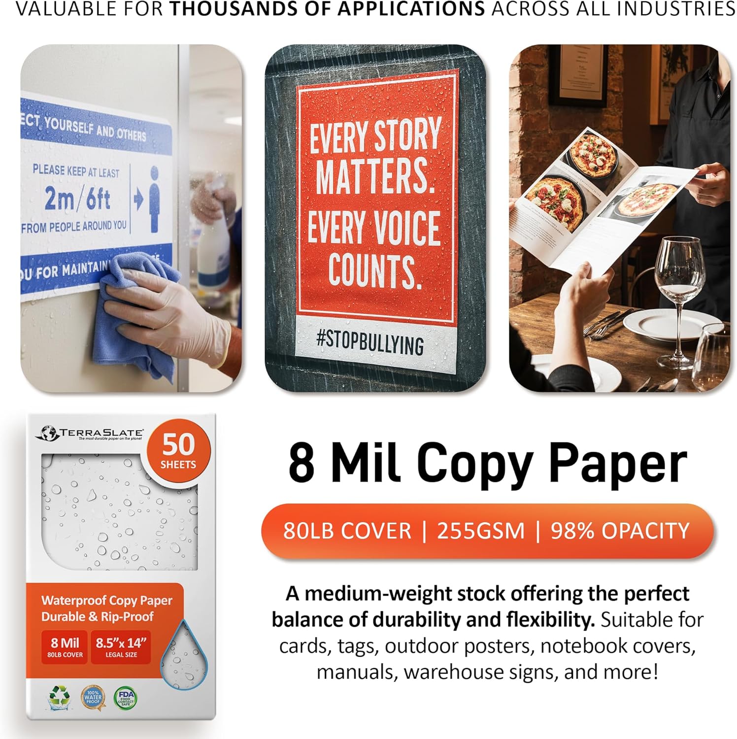 TerraSlate Waterproof Laser Printer Paper 8 MIL – 8.5"x14", 50 Sheets, White – Tear & Smudge Proof, Heavy-Duty for Outdoor Use, Ideal for Printing, Copying & More