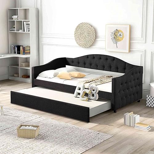 DNYN Twin Size Upholstered Daybed with Trundle,Sturdy Wood Bedframe w/Bedframe Tufted Button & Copper Nail on Arms Design,Perfect for Bedroom,Guest Room Furniture,No Box Spring Needed, Black