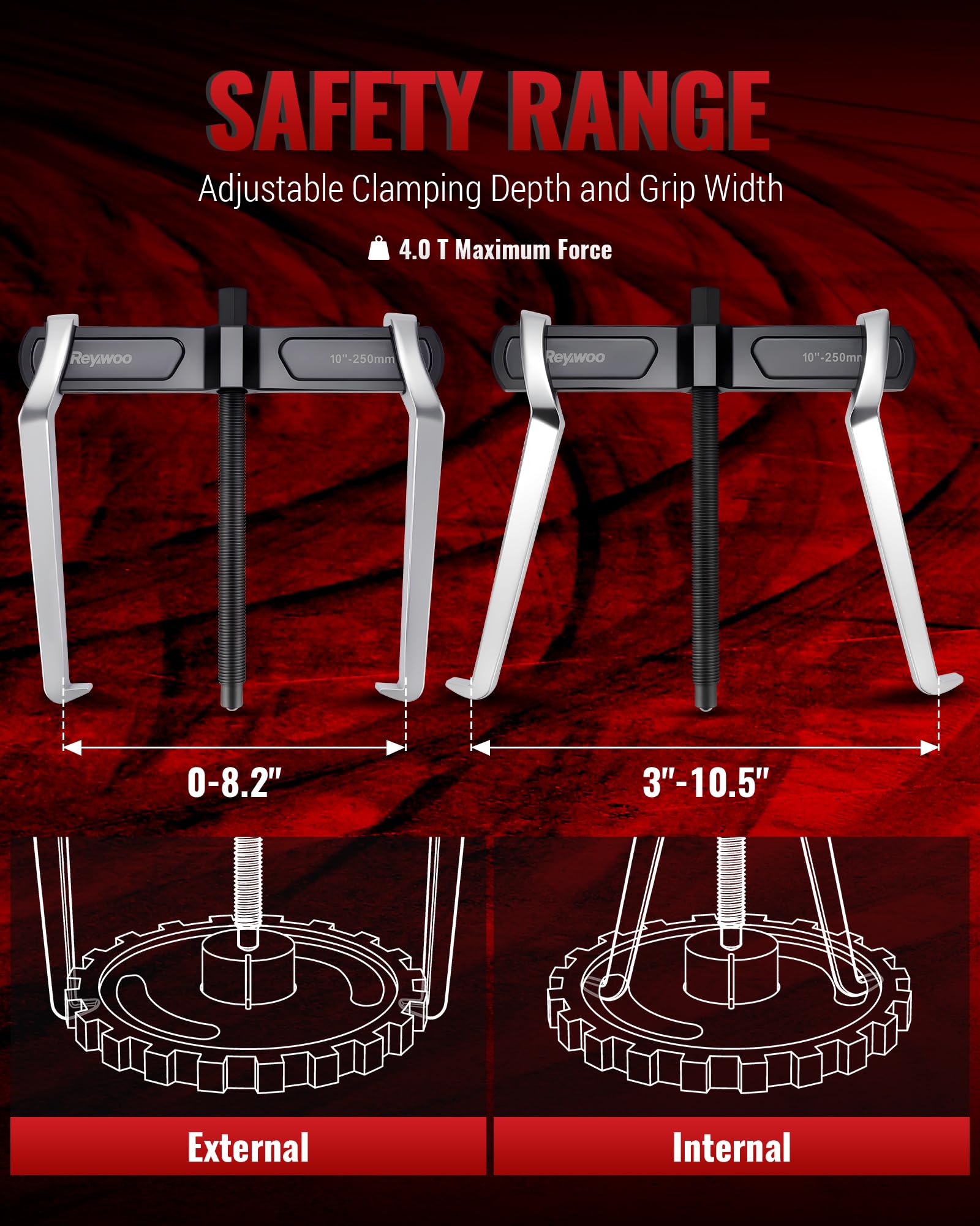 Reywoo Extractor de Engranajes de 2 mandíbulas de 10 Pulgadas y Extractor de rodamientos, Herramienta Ajustable de Acero CR-V con mandíbulas Reversibles para tracción Interna Externa, Elimina poleas