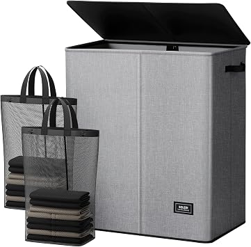 SOLEDI 145L Double Laundry Basket with Lid 2 Section, Washing Basket with 2 Removable Bags, Large Storage Baskets Laundry Hamper, Collapsible Clothes Baskets Bin for Bedroom Bathroom Dorm, Grey