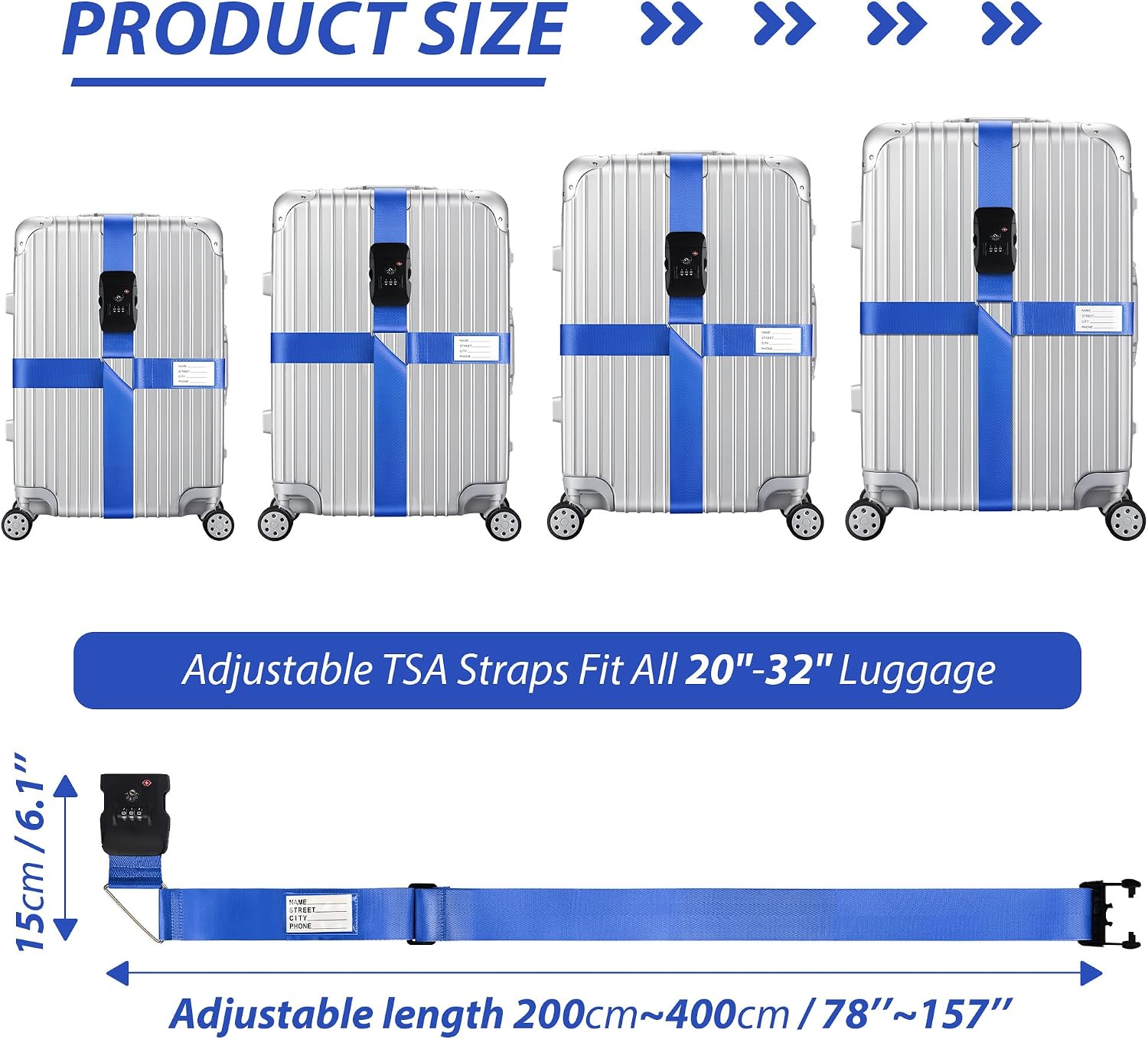 Luggage Straps TSA Approved with Combination Lock, Adjustable Suitcase Belts for 20"-32" Luggage, with Name ID Card for Identify, Travel Airport Accessories for Checked Bags (Cross Dark Blue)