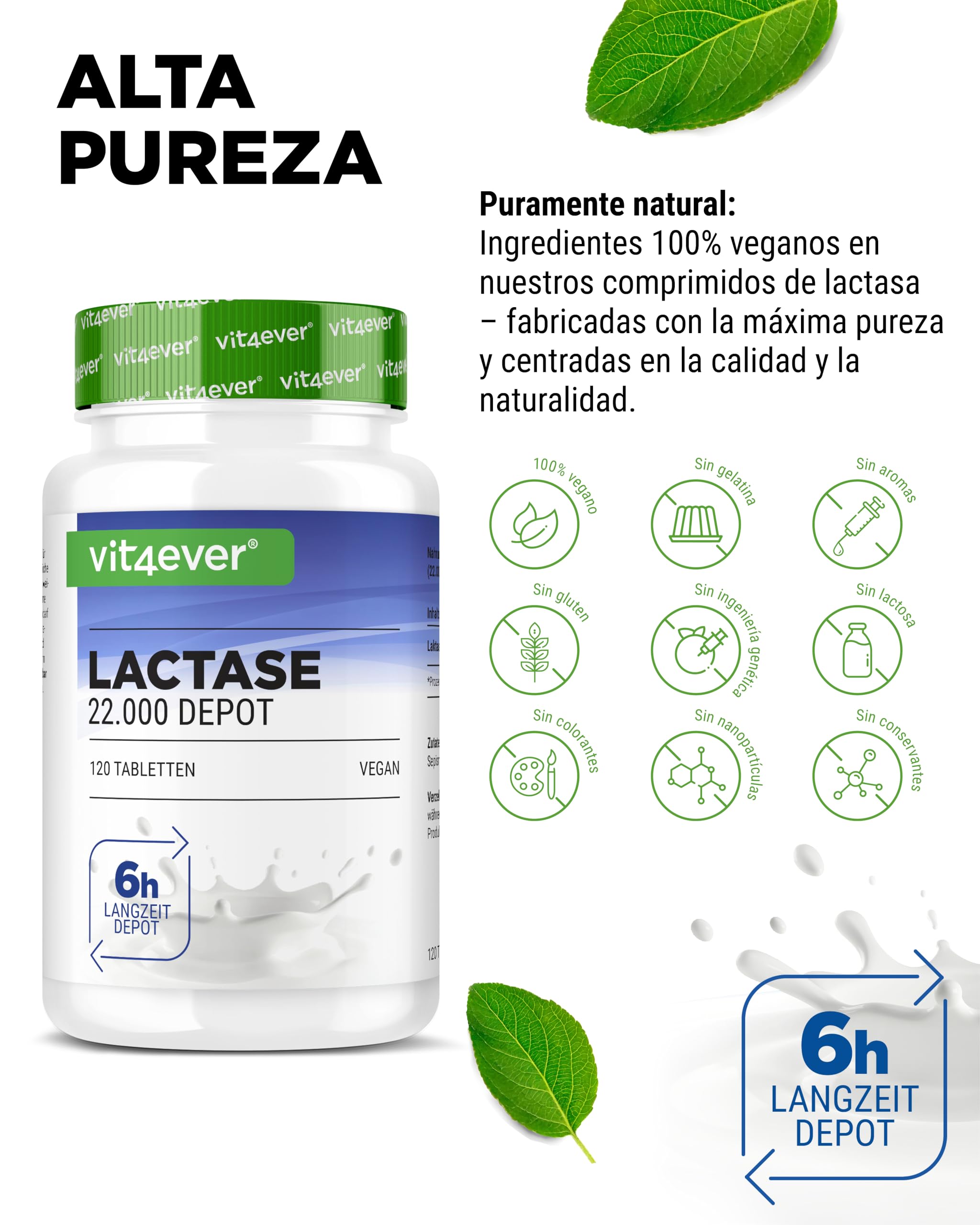 Lactasa 22.000 Depot-120 comprimidos con efecto depot (Sepismart®de liberación lenta) FCC-Para intolerancia a la lactosa+intolerancia a la leche-Sin aditivos indeseables