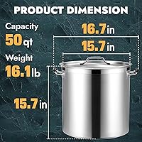 Vista 3 de CURTA Olla grande de 50 cuartos de galón con tapa, ancho inferior de 15.7 pulgadas, base revestida de 3 capas, acero inoxidable 18/8, lista NSF