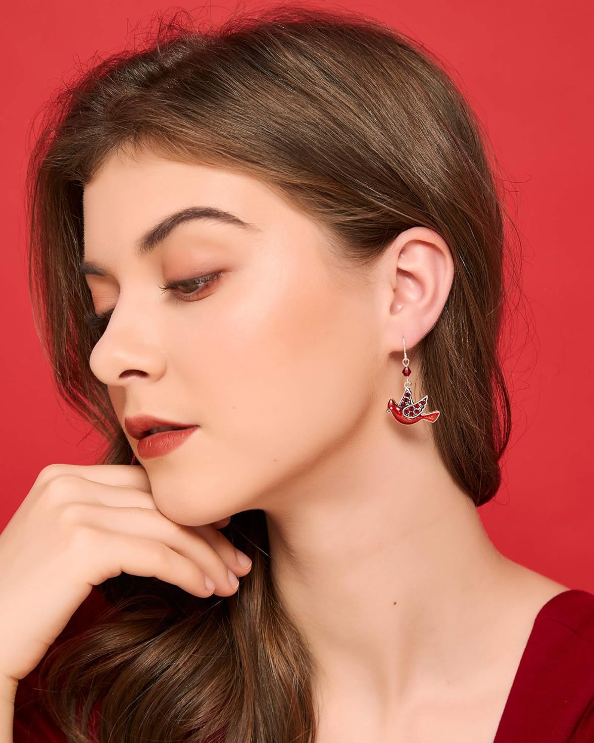 Fun Cardinal jewelry Red Bird Dangle Earrings Silver Plated Dangling Christmas Earrings Gifts Holiday Party Decorations with Message Card & Velvet Bag - Image 3