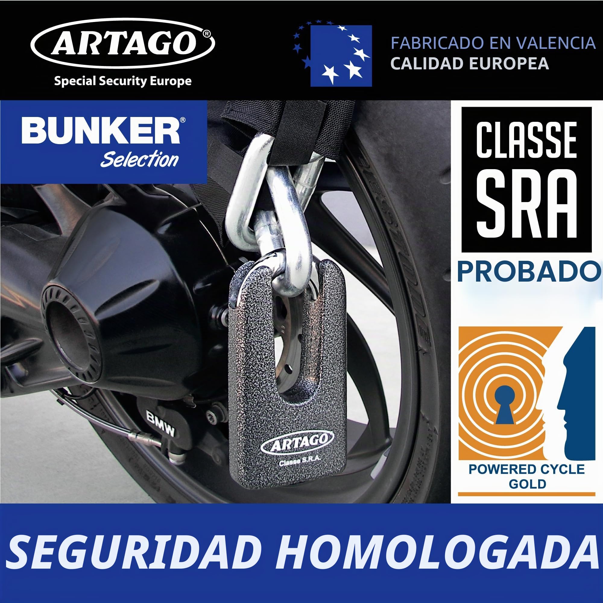 Artago 69T100 Cadena Antirrobo Moto Pesada + Mini U,Maxima Seguridad Homologada SRA, Sold Secure Gold, ø15mm 100cm, Candado Mini U Acero Forjado MONOBLOK, Máxima Seguridad Testada, BUNKER SELECTION