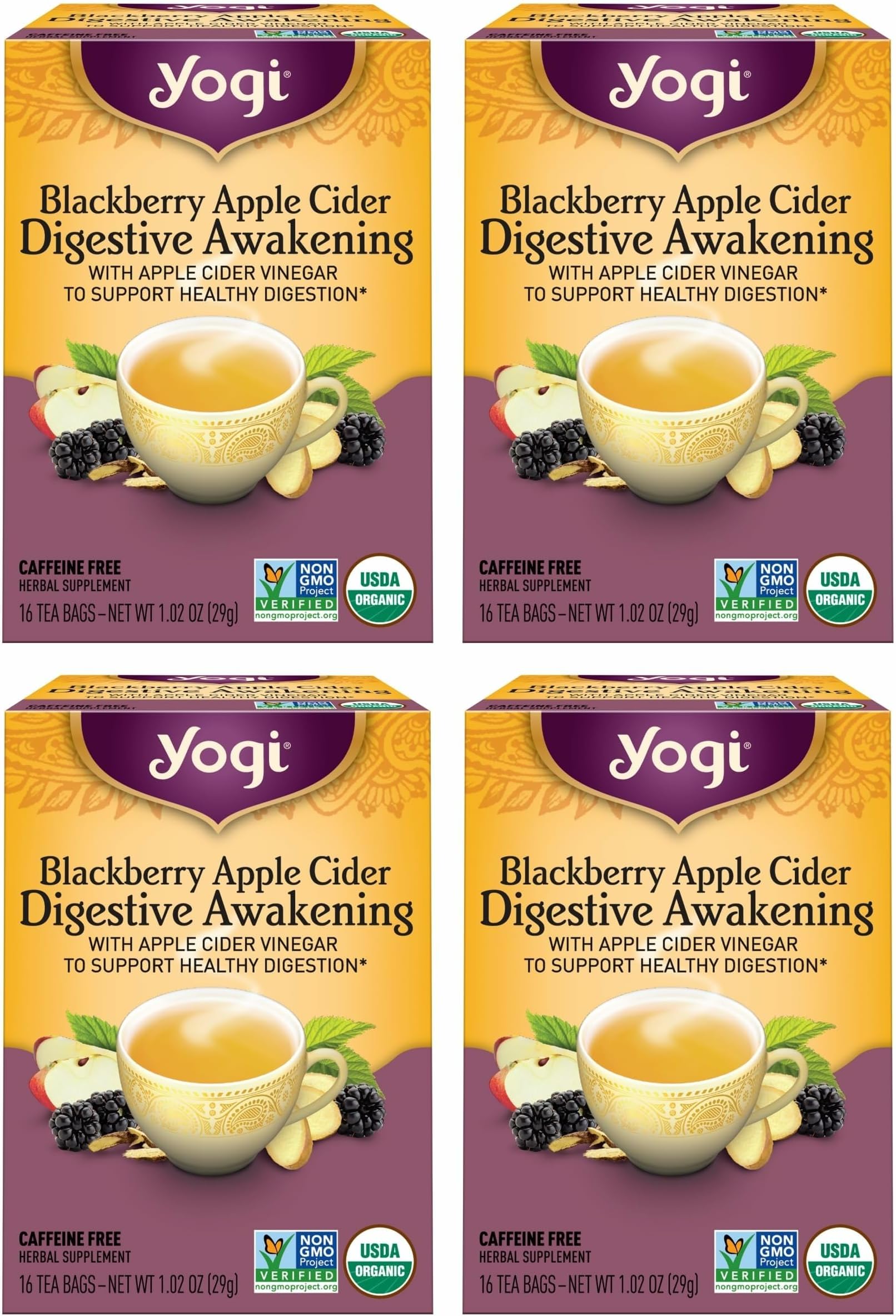 Yogi Tea Blackberry Apple Cider Digestive Awakening Tea - 16 Tea Bags per Pack (4 Packs) - Organic Tea to Support Digestive Health - Includes Ginger Root, Licorice Root & Raspberry Leaf