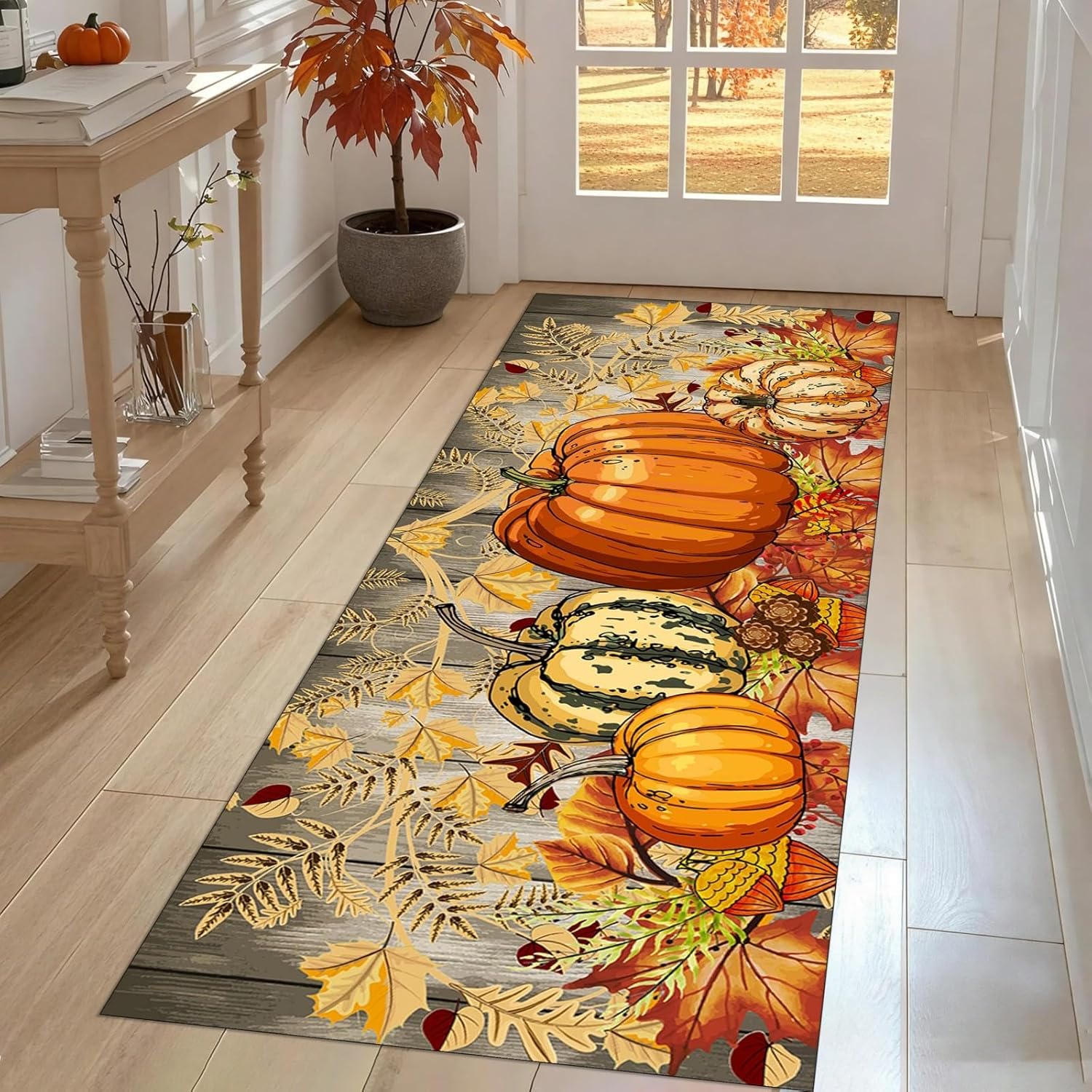 Maple Leaf Pumpkin Fall Kitchen Rugs,1.3x7ft,Thanksgiving Farmhouse Hallway Washable Runner Rug for Entryway Bedroom Laundry Living Room Autumn Decor Low-Pile Non-Slip Runners