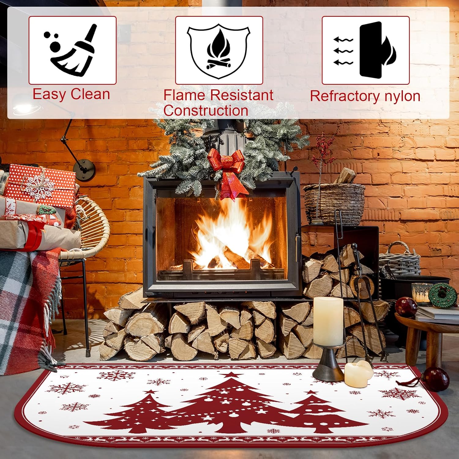 Ceenna Christmas Fireplace Hearth Rug 24 x 36 Inch Fireplace Mats Christmas Fireproof Rug Fire Resistant Rugs for Wood Stove Floor Protector Kitchen Cabin Indoor