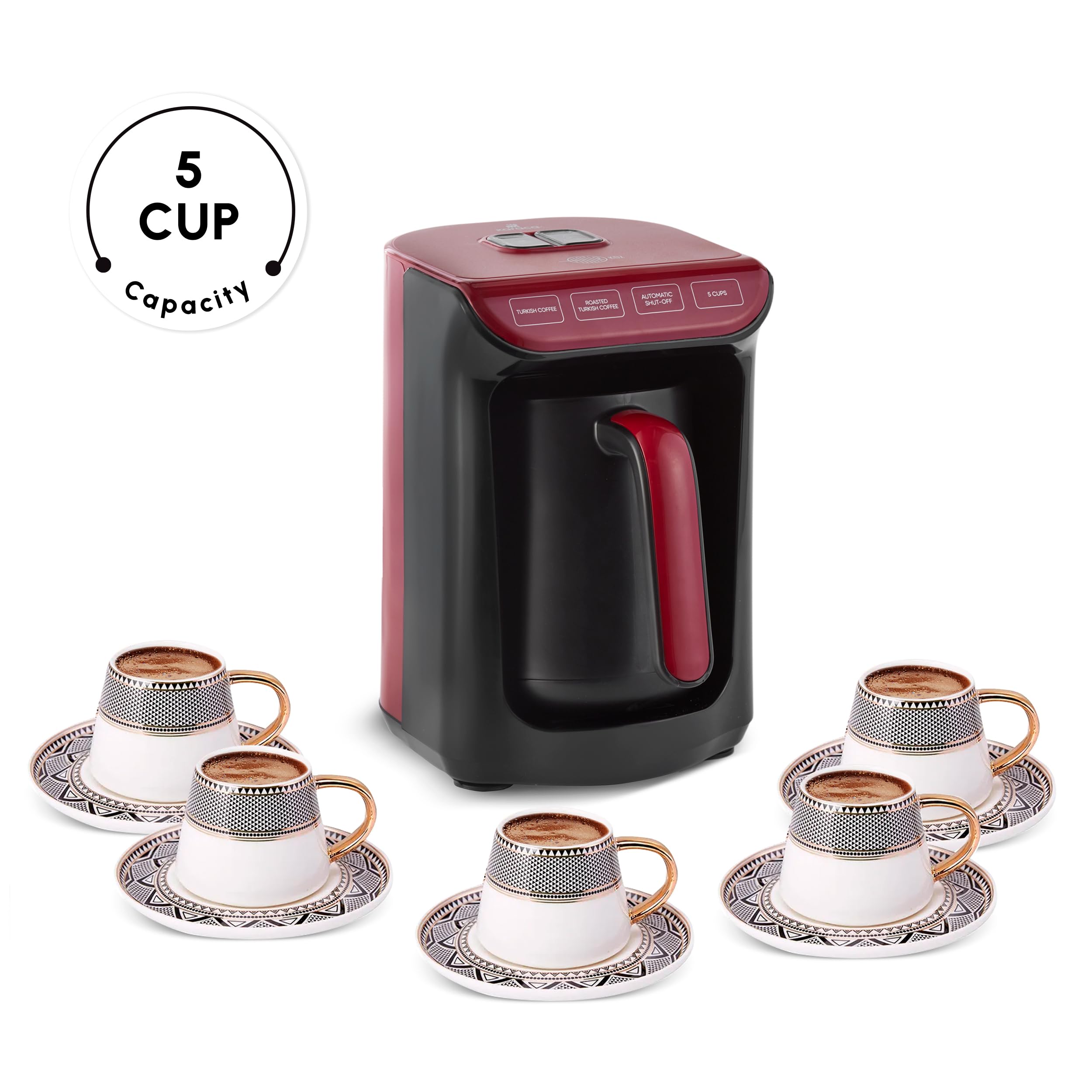 Karaca Hatır Roast turecki ekspres do kawy, czerwony, pojemność 5 filiżanek, duża ilość piany, 535 W, system ostrzegania głosowego, system ostrzegania przed światłem, miarka, łatwe czyszczenie
