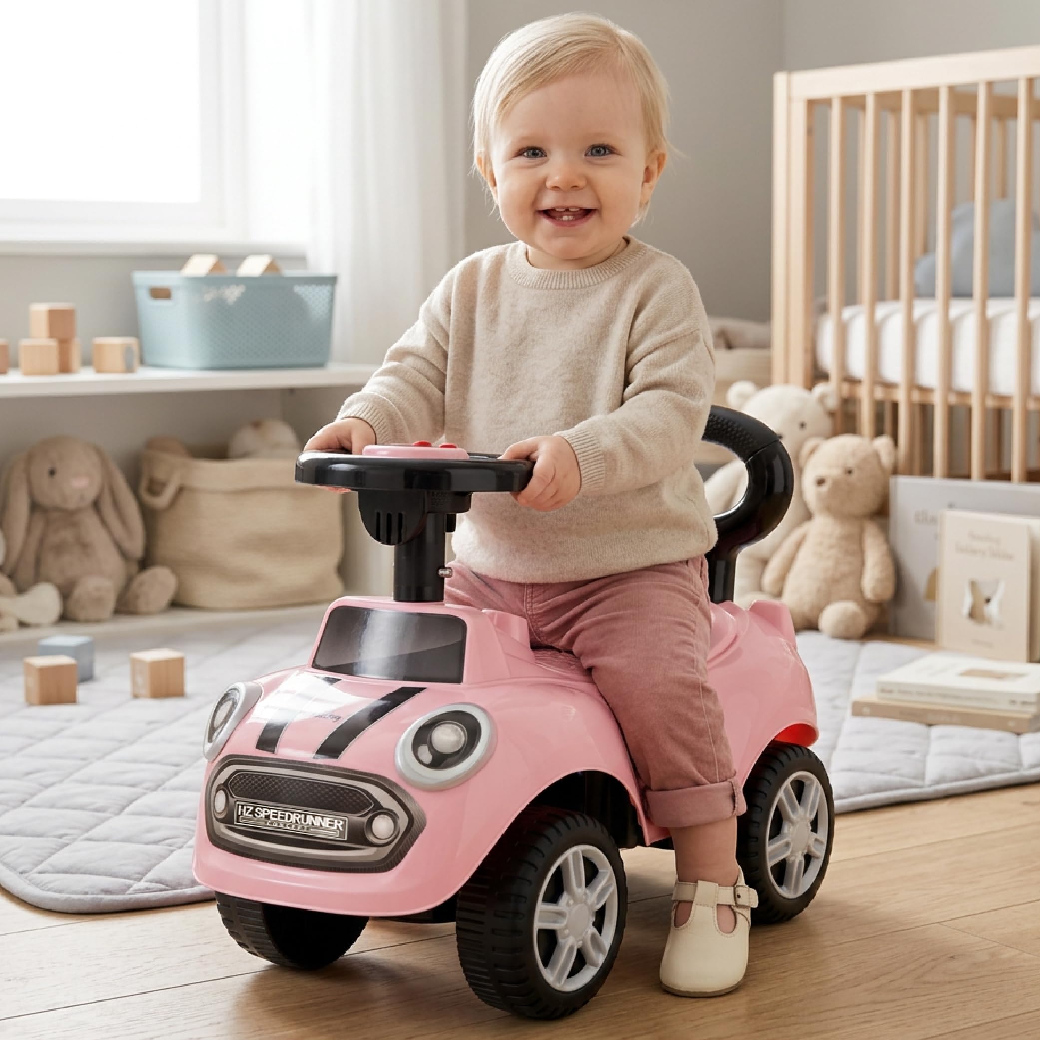sun baby Jeździk pchacz dla dzieci GO GO Fassion, efekty dźwiękowe, plastikowe siedzisko i koła, zabezpieczenie przed przewróceniem się (Różowy)
