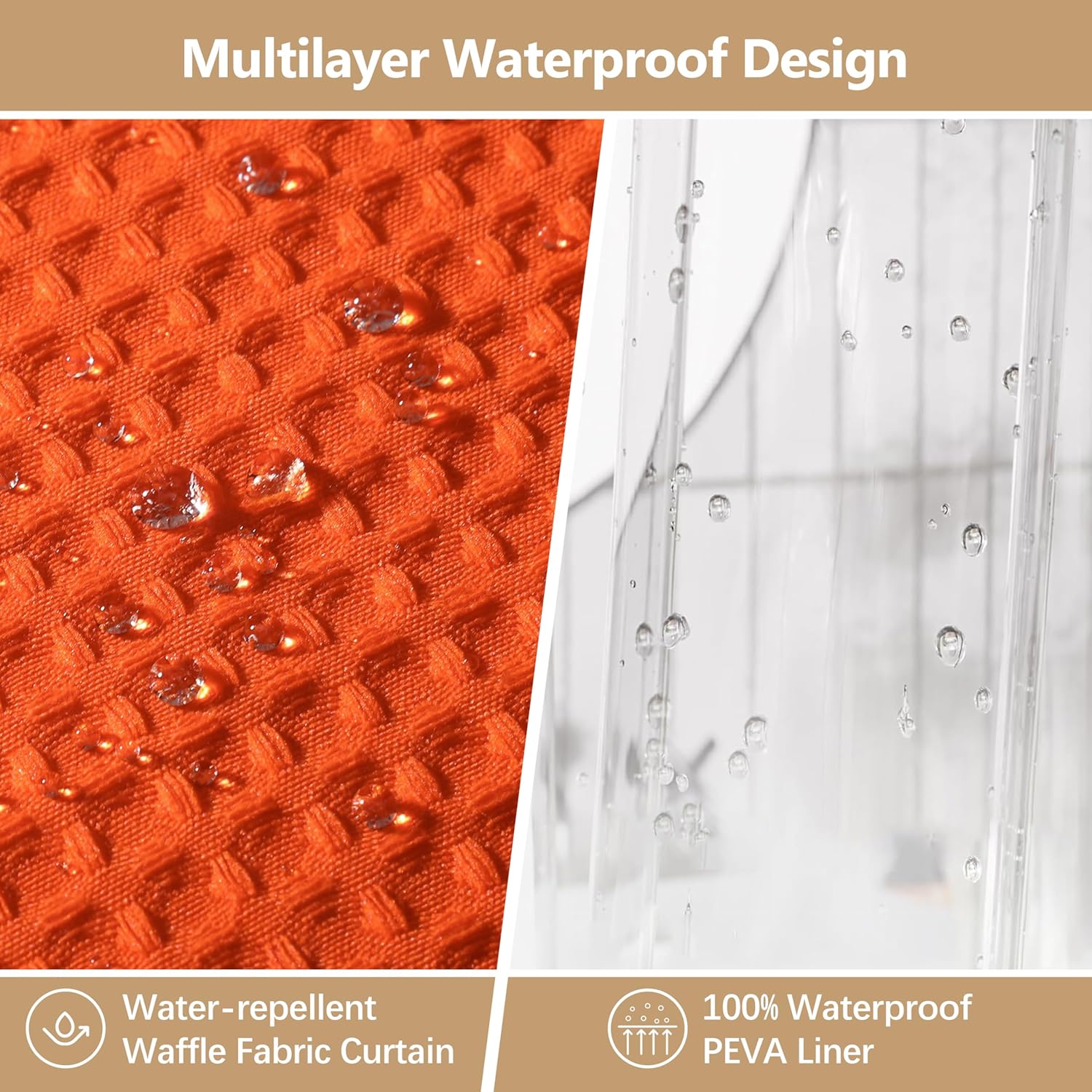 VANZAVANZU All-in-One Shower Curtain Set for Bathroom Enhanced 3D Waffle Fabric Shower Curtain with PEVA Waterproof Liner & 12 Upgraded Anti-Fall Hooks Heavy Duty Bath Tub Curtain 72"x72" (Orange)